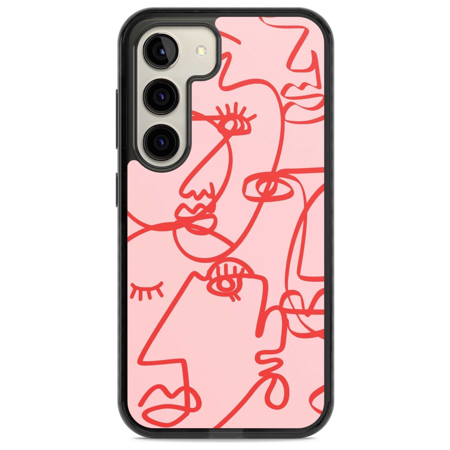 Abstract Continuous Line Faces Red on Pink Phone Case Samsung S22 / Black Impact Case,Samsung S23 / Black Impact Case Blanc Space