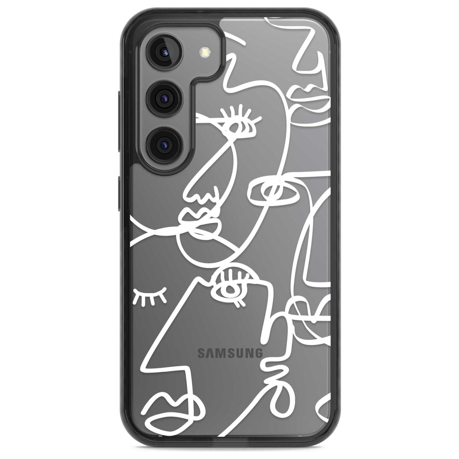 Abstract Continuous Line Faces White on Clear Phone Case Samsung S22 / Black Impact Case,Samsung S23 / Black Impact Case Blanc Space