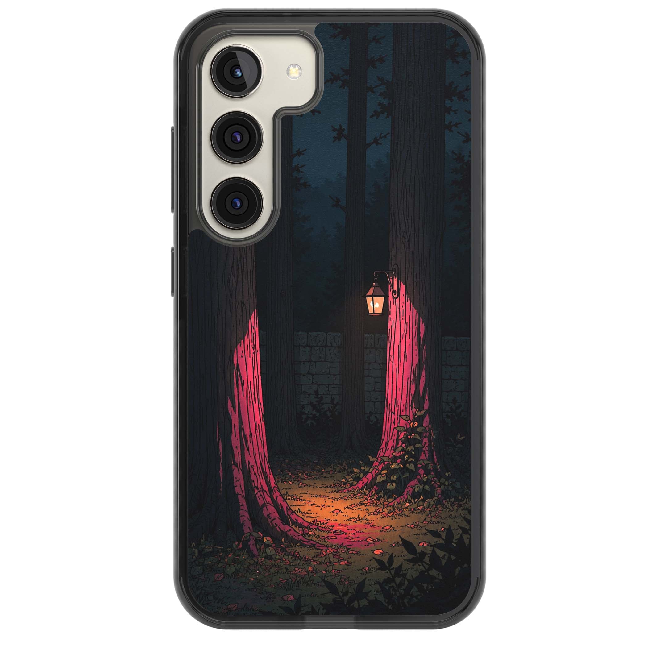 Forest Lantern dark academia iPhone case featuring a moonlit forest, glowing lantern, and stone wall pathway | Black Impact case for Samsung Galaxy S24, Samsung Galaxy S23, Samsung Galaxy S22