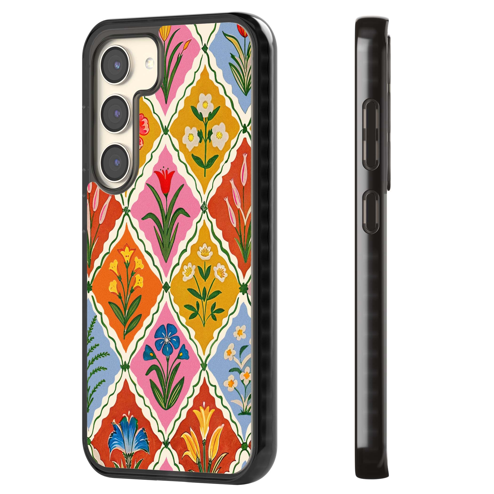 Floral Quilt boho floral iPhone case featuring diamond lattice pattern, hand-painted tulips and folk art wildflowers | Black Impact case for Samsung Galaxy S24, Samsung Galaxy S23, Samsung Galaxy S22