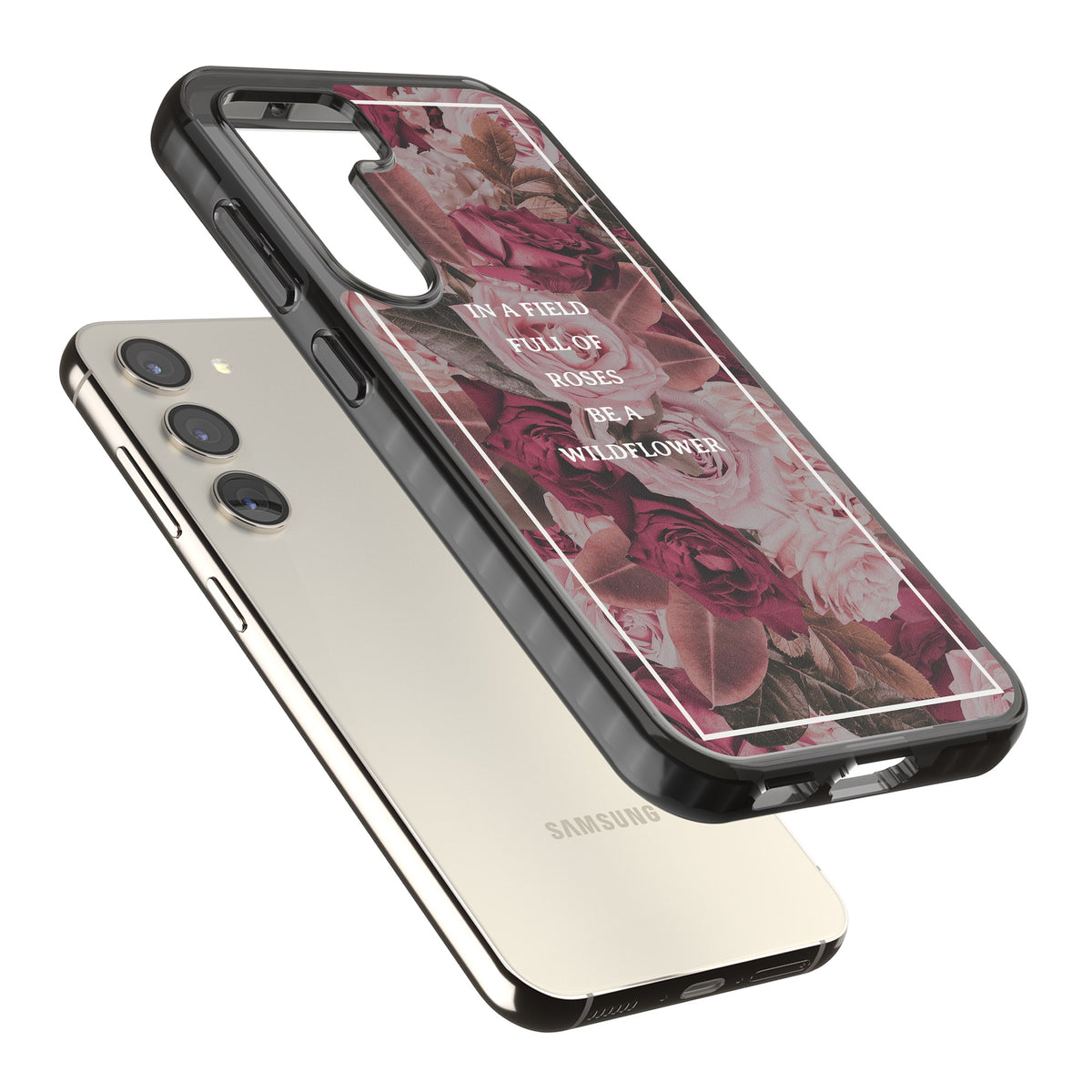 Wildflower Floral Quote Samsung S22 / Samsung S22 Plus / Samsung S23 / Samsung S23 Plus / Samsung S24 / Samsung S24 Plus Impact Black Phone Case angled
