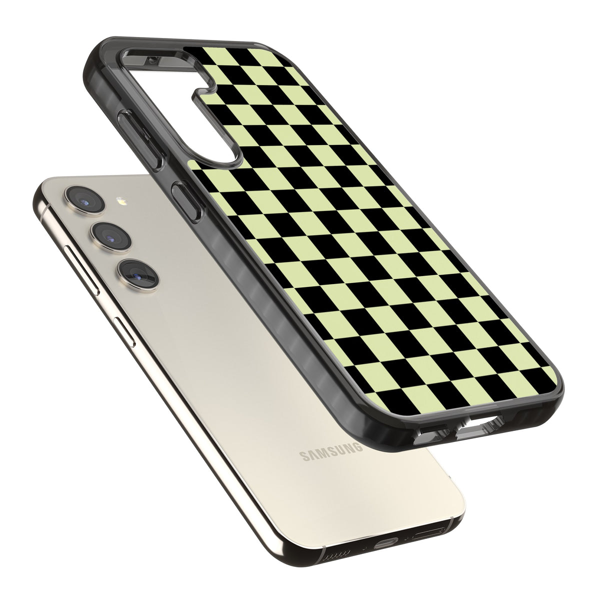 Black & Lime Check Samsung S22 / Samsung S22 Plus / Samsung S23 / Samsung S23 Plus / Samsung S24 / Samsung S24 Plus Impact Black Phone Case angled