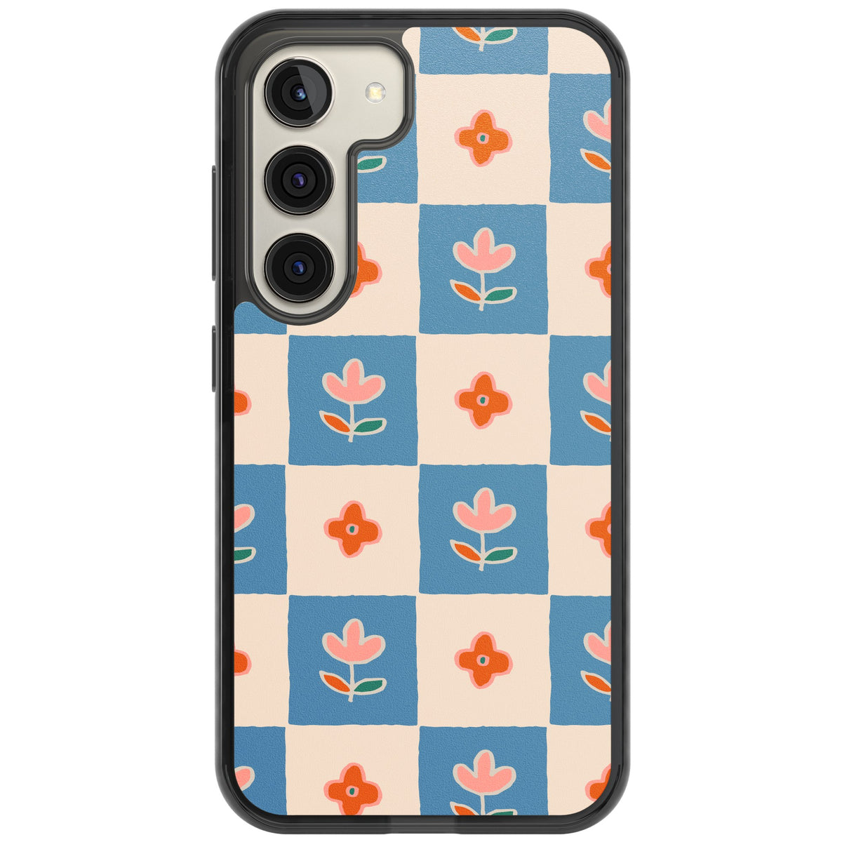 Vintage Bloom Checkered Samsung S22 / Samsung S22 Plus / Samsung S23 / Samsung S23 Plus / Samsung S24 / Samsung S24 Plus Impact Black Phone Case front