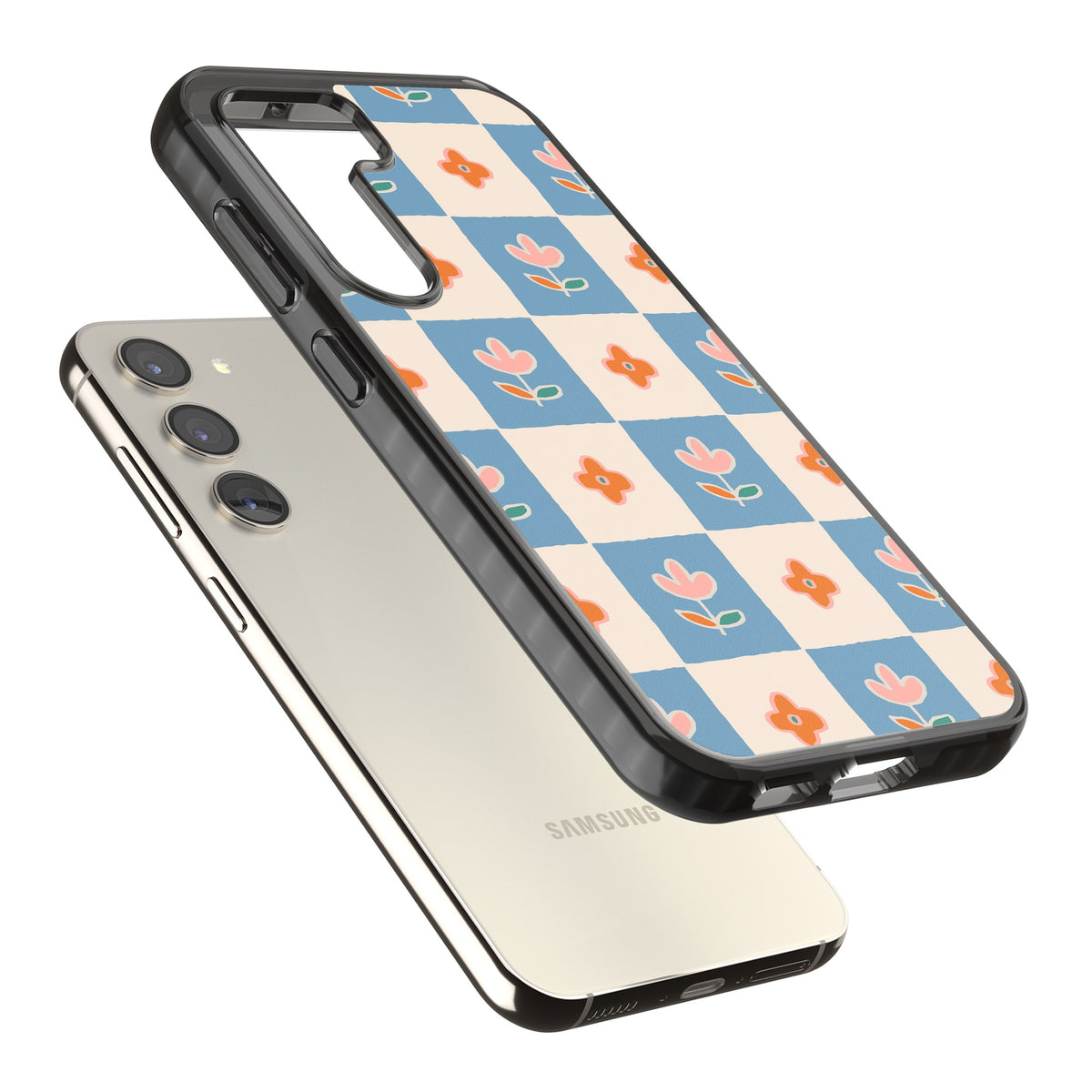 Vintage Bloom Checkered Samsung S22 / Samsung S22 Plus / Samsung S23 / Samsung S23 Plus / Samsung S24 / Samsung S24 Plus Impact Black Phone Case angled