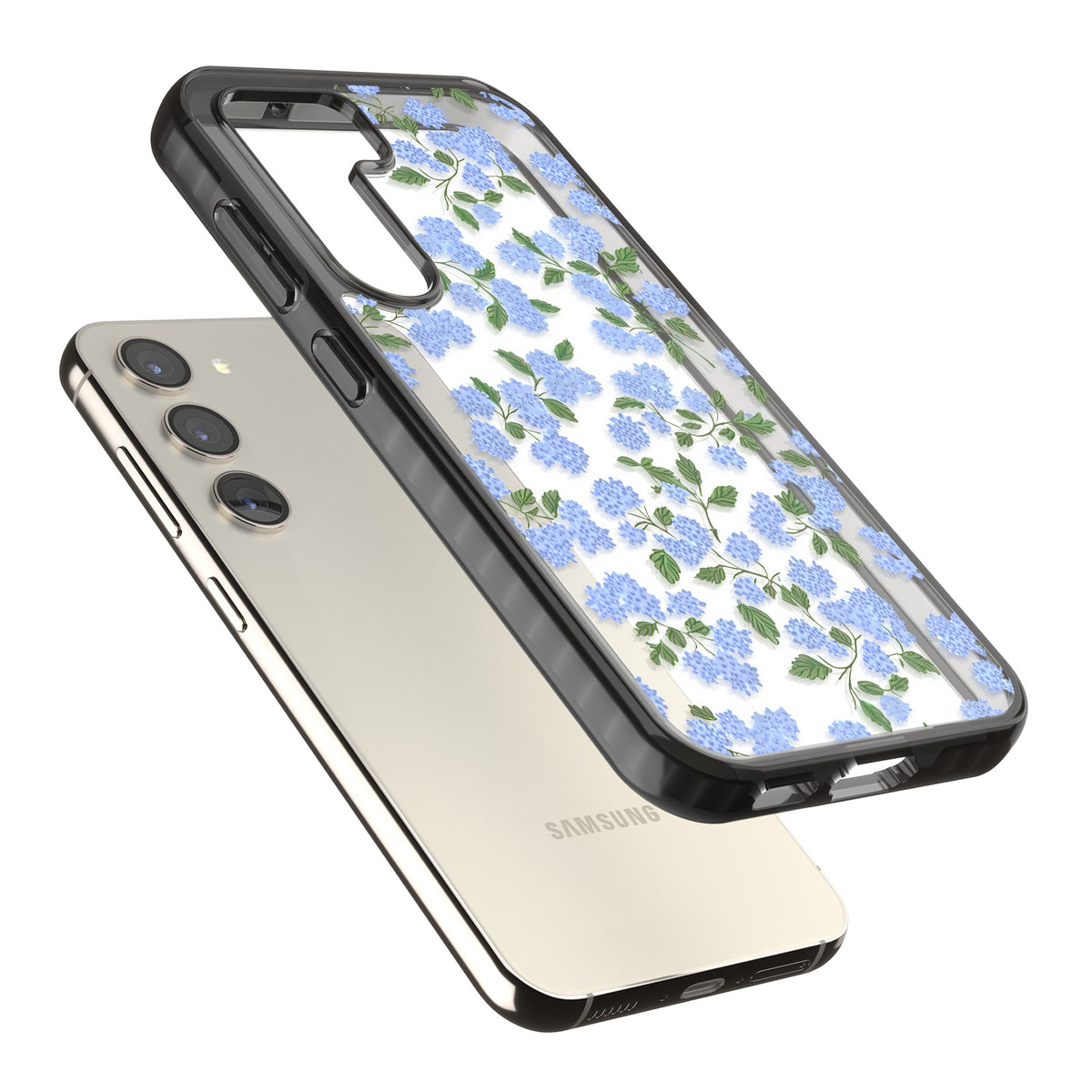 Hydrangea Dreams Samsung S22 / Samsung S22 Plus / Samsung S23 / Samsung S23 Plus / Samsung S24 / Samsung S24 Plus Impact Black Phone Case angled