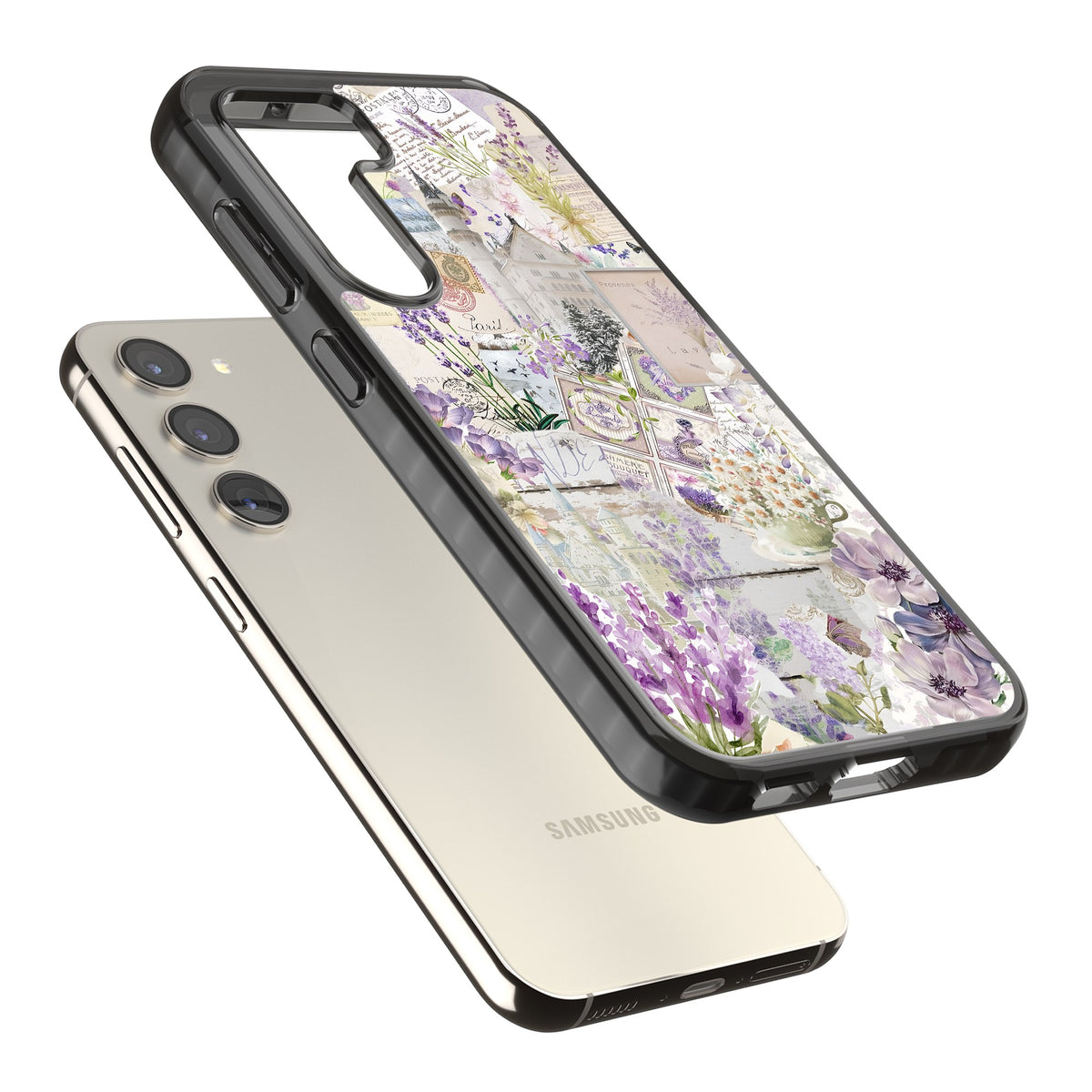 Soft Lavender Collage Samsung S22 / Samsung S22 Plus / Samsung S23 / Samsung S23 Plus / Samsung S24 / Samsung S24 Plus Impact Black Phone Case angled