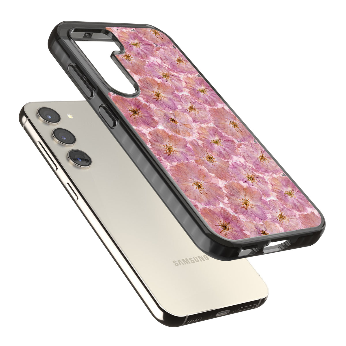 Large Pink Florals Samsung S22 / Samsung S22 Plus / Samsung S23 / Samsung S23 Plus / Samsung S24 / Samsung S24 Plus Impact Black Phone Case angled