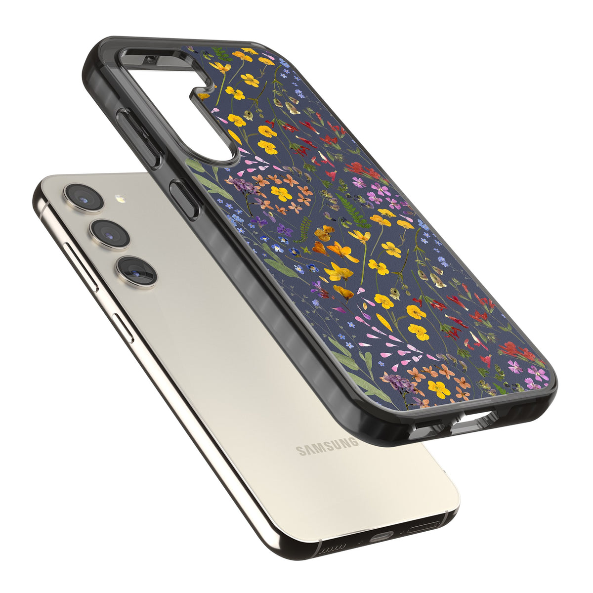 Wildflowers & Leaves In Navy Samsung S22 / Samsung S22 Plus / Samsung S23 / Samsung S23 Plus / Samsung S24 / Samsung S24 Plus Impact Black Phone Case angled