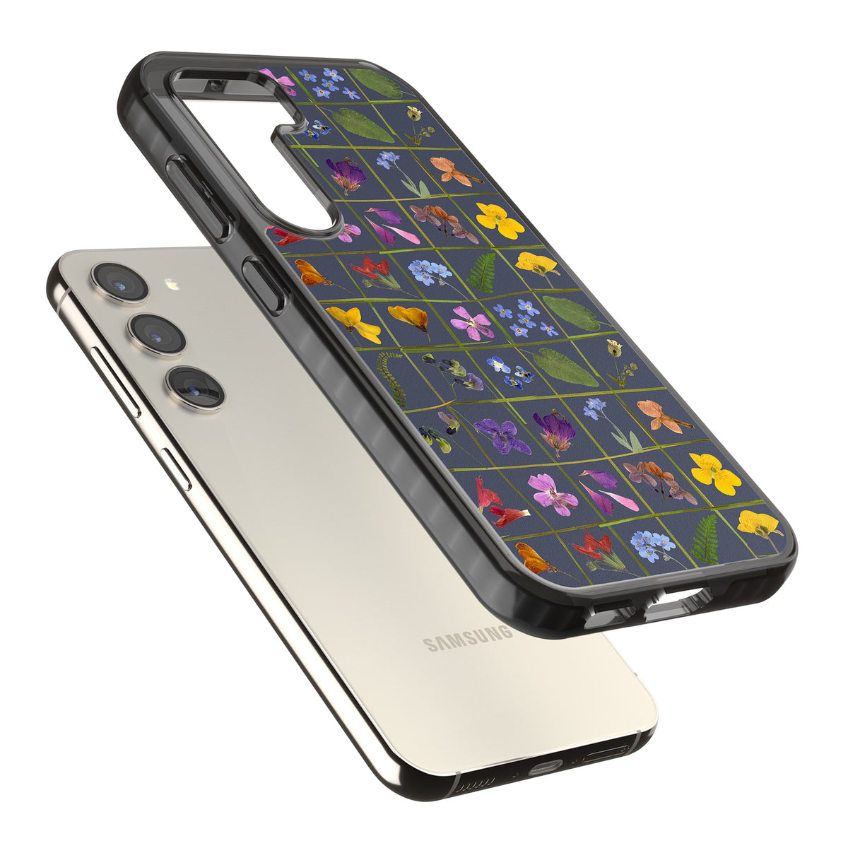 Wildflower Grid Samsung S22 / Samsung S22 Plus / Samsung S23 / Samsung S23 Plus / Samsung S24 / Samsung S24 Plus Impact Black Phone Case angled