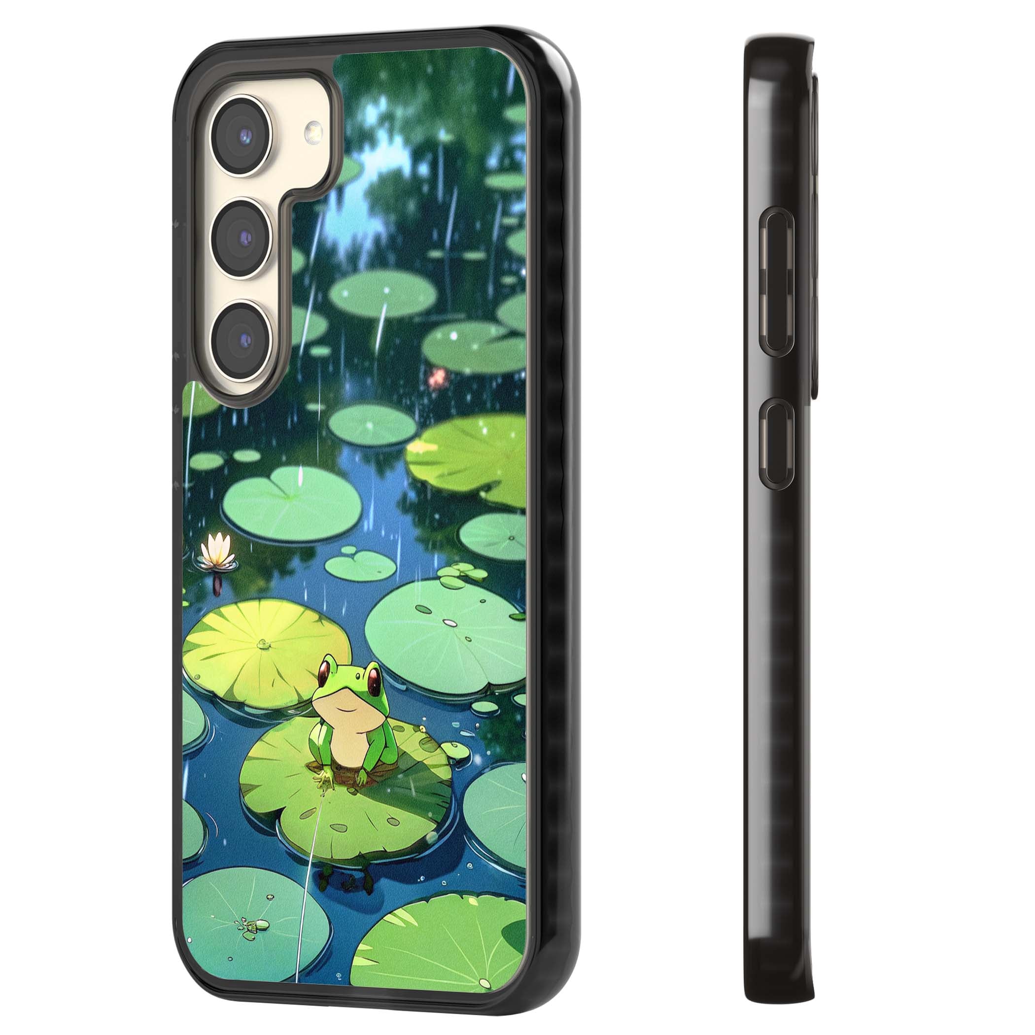 Frog In Lily Pond cottagecore iPhone case featuring a cute green frog on a lily pad with falling rain and a lotus flower | Black Impact case for Samsung Galaxy S24, Samsung Galaxy S23, Samsung Galaxy S22