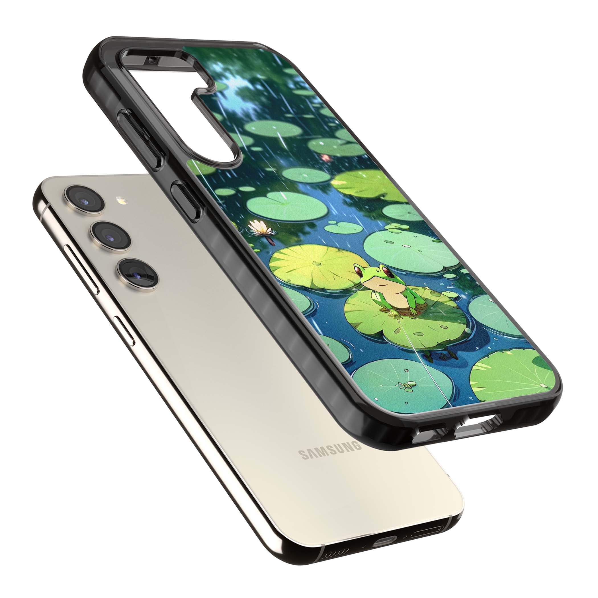 Frog In Lily Pond cottagecore iPhone case featuring a cute green frog on a lily pad with falling rain and a lotus flower | Black Impact case for Samsung Galaxy S24, Samsung Galaxy S23, Samsung Galaxy S22
