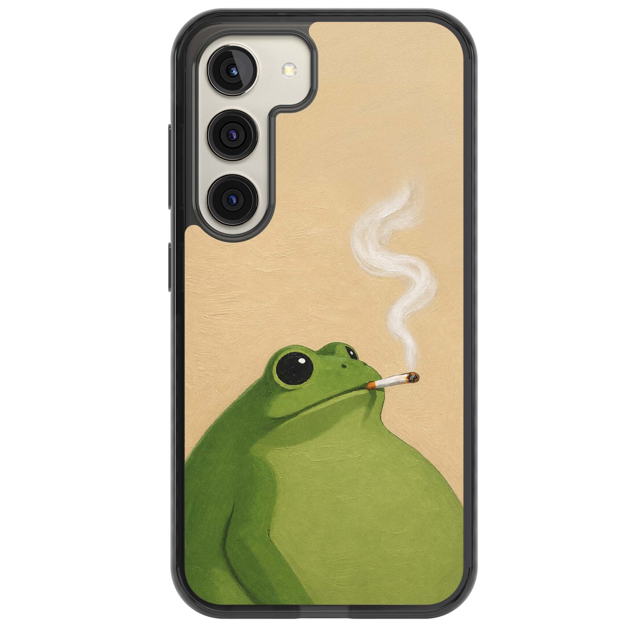 The Smoking Frog cottagecore iPhone case featuring a hand-painted green frog smoking a cigarette on a cream oil painting back | Black Impact case for Samsung Galaxy S24, Samsung Galaxy S23, Samsung Galaxy S22