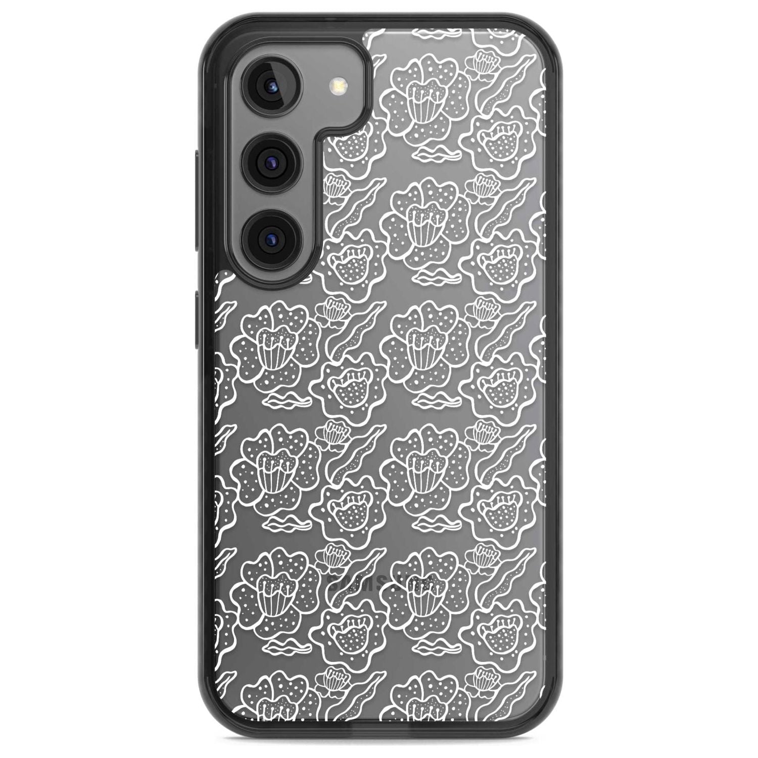 Funky Floral Patterns White on Clear Phone Case Samsung S22 / Black Impact Case,Samsung S23 / Black Impact Case Blanc Space