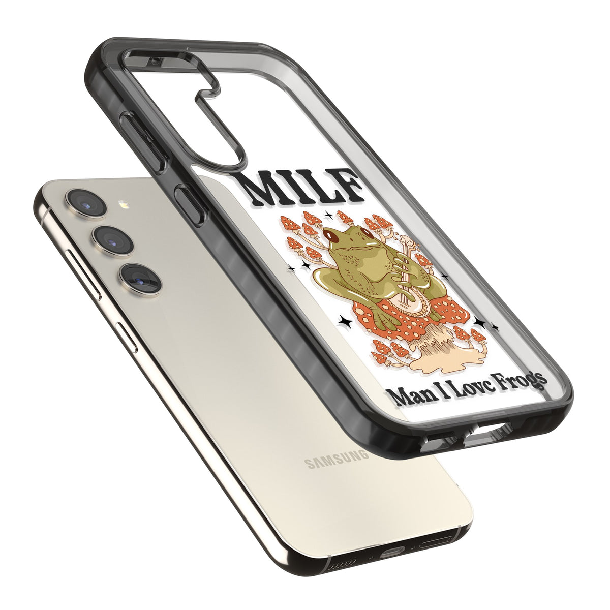Man I Love Frogs Samsung S22 / Samsung S22 Plus / Samsung S23 / Samsung S23 Plus / Samsung S24 / Samsung S24 Plus Impact Black Phone Case angled