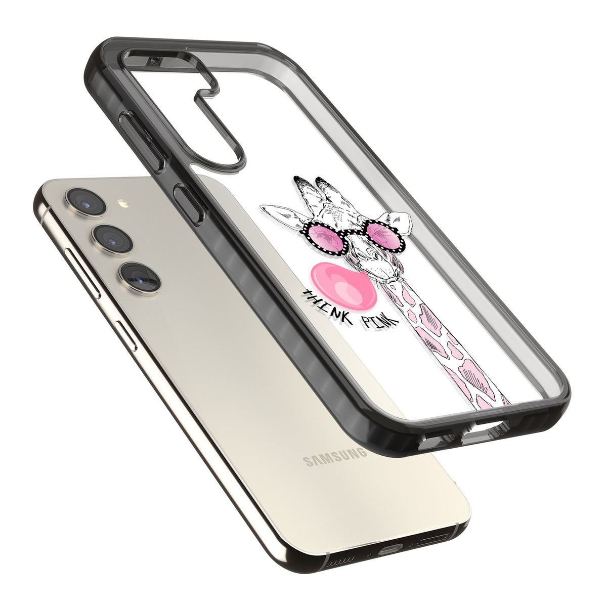 Think Pink Giraffe Samsung S22 / Samsung S22 Plus / Samsung S23 / Samsung S23 Plus / Samsung S24 / Samsung S24 Plus Impact Black Phone Case angled