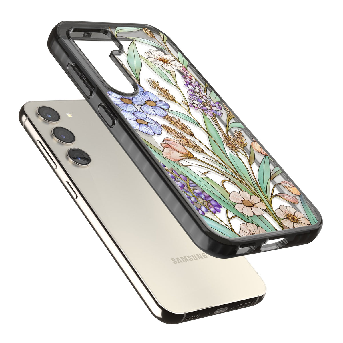 Glass Lavenders & Daisies Samsung S22 / Samsung S22 Plus / Samsung S23 / Samsung S23 Plus / Samsung S24 / Samsung S24 Plus Impact Black Phone Case angled