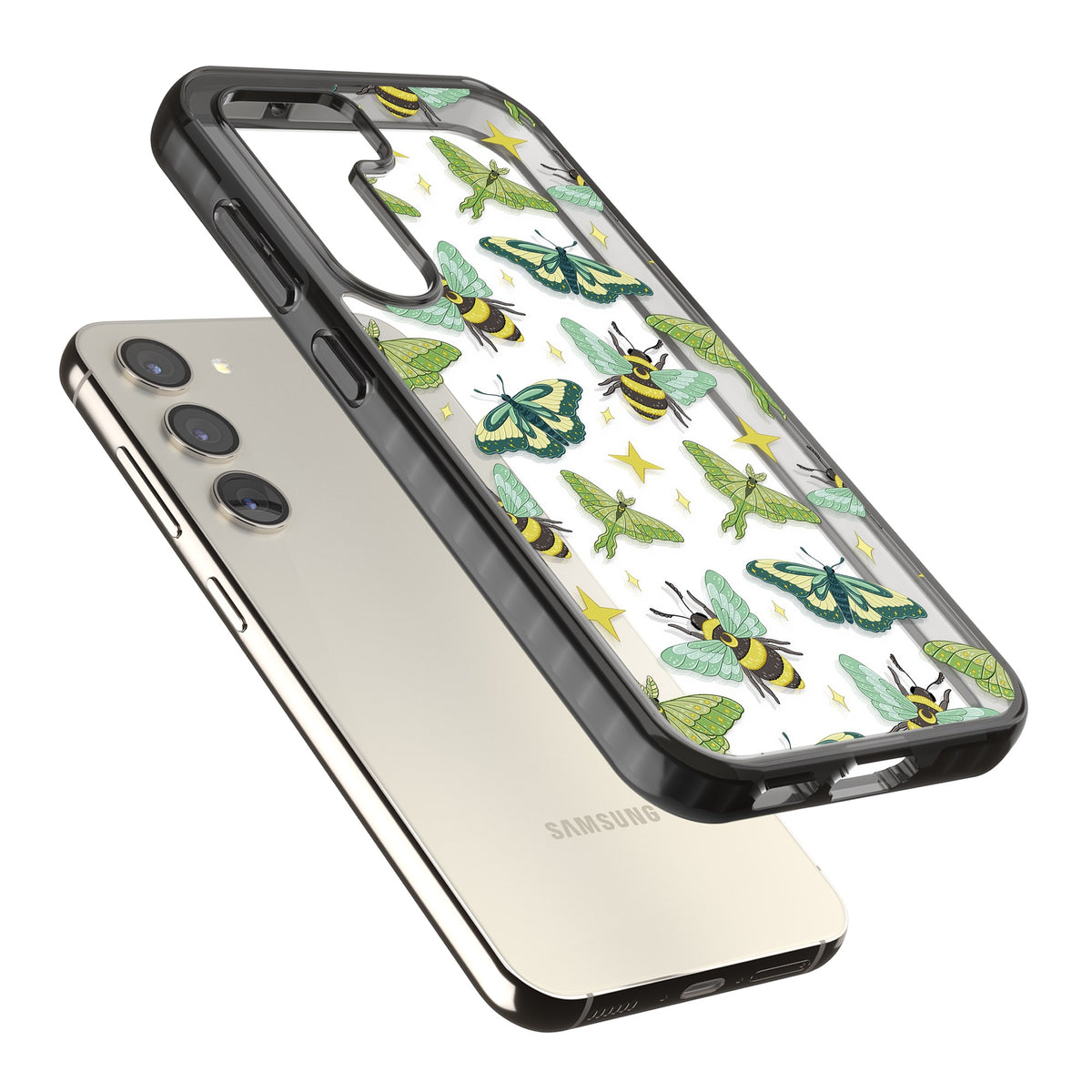 Bees and Moths Samsung S22 / Samsung S22 Plus / Samsung S23 / Samsung S23 Plus / Samsung S24 / Samsung S24 Plus Impact Black Phone Case angled