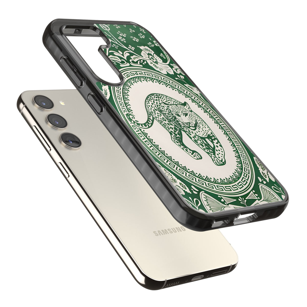 Green Leopard Samsung S22 / Samsung S22 Plus / Samsung S23 / Samsung S23 Plus / Samsung S24 / Samsung S24 Plus Impact Black Phone Case angled