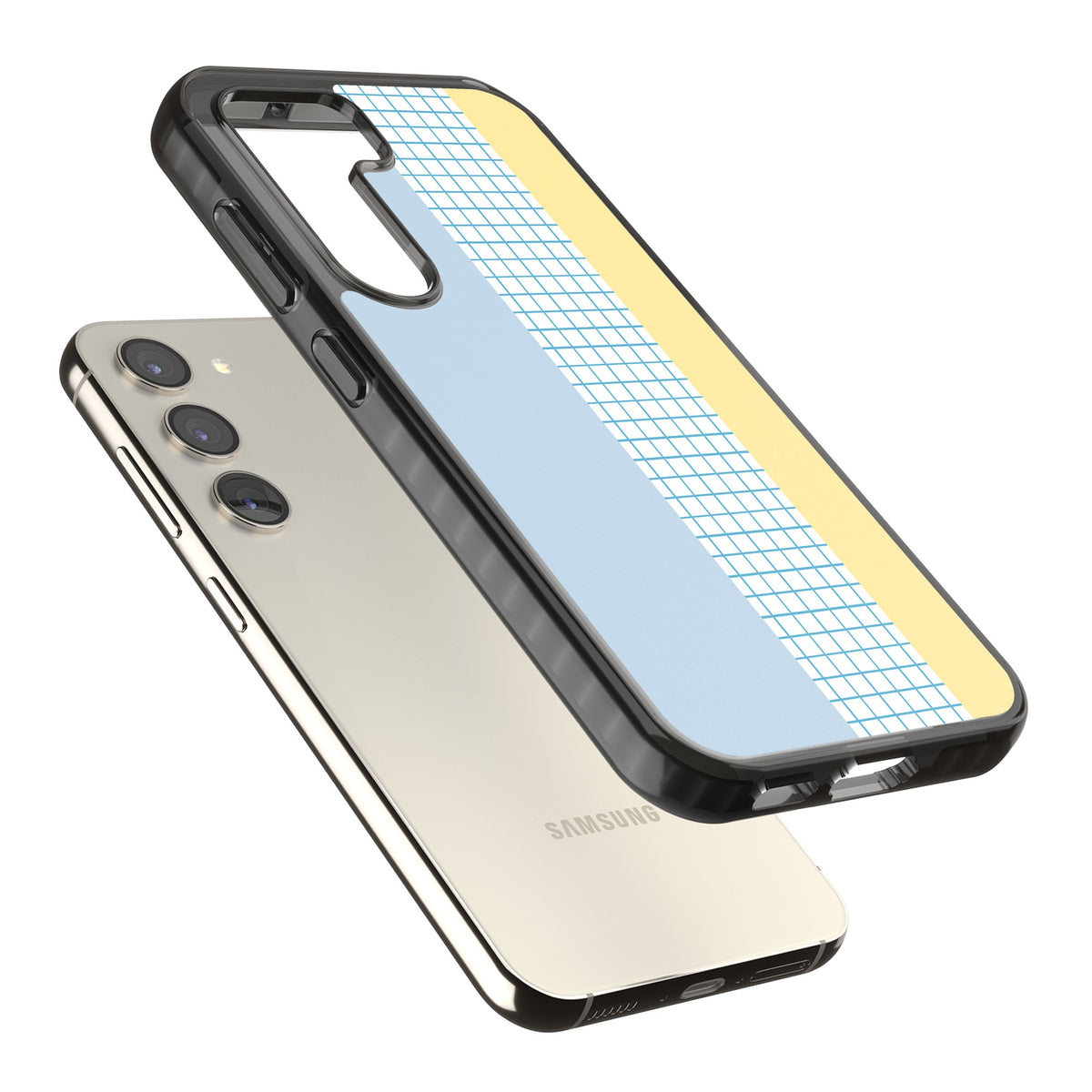 Abstract Grid Blue & Yellow Samsung S22 / Samsung S22 Plus / Samsung S23 / Samsung S23 Plus / Samsung S24 / Samsung S24 Plus Impact Black Phone Case angled