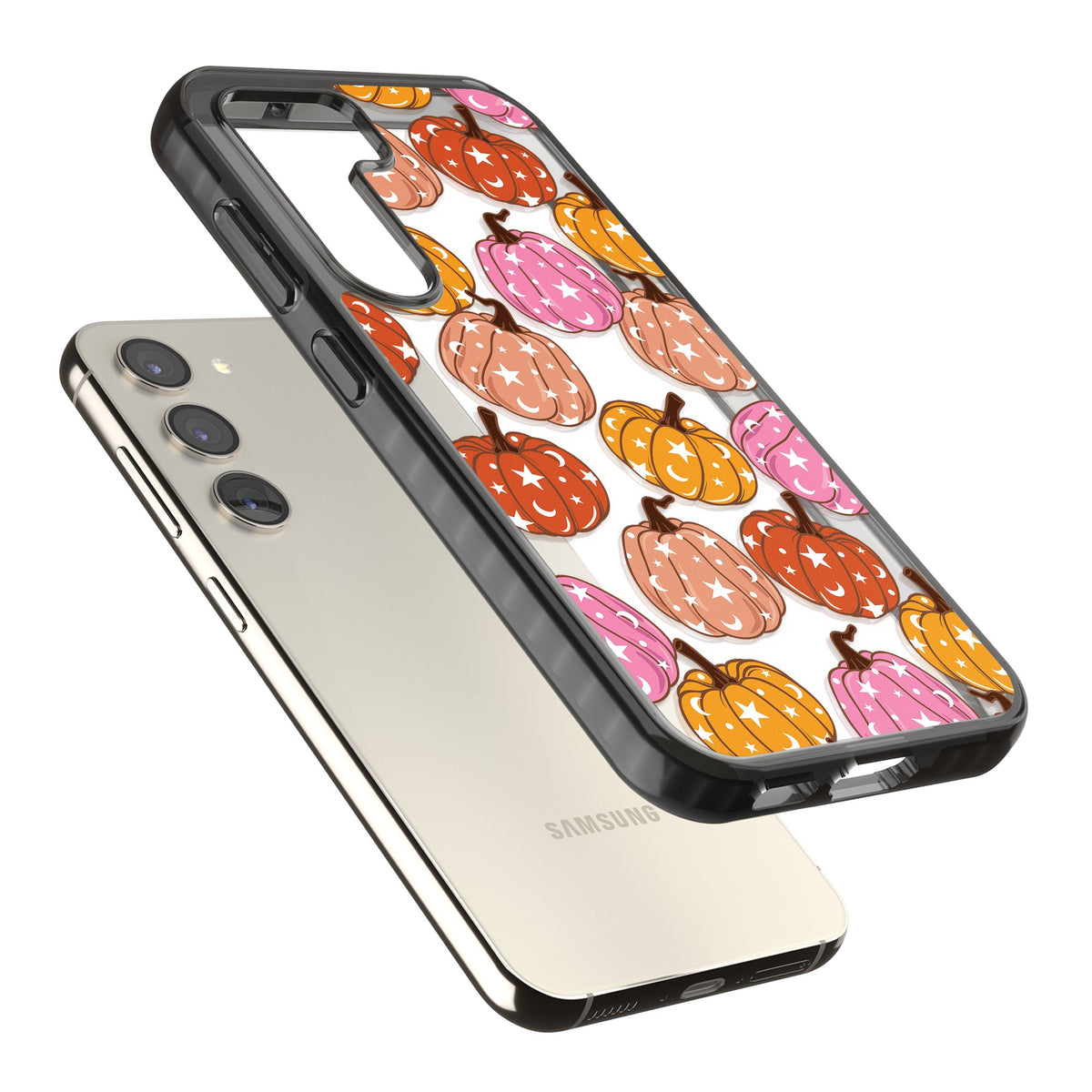 Pumpkin Starfall Pattern Samsung S22 / Samsung S22 Plus / Samsung S23 / Samsung S23 Plus / Samsung S24 / Samsung S24 Plus Impact Black Phone Case angled