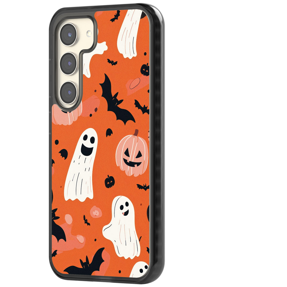 Orange Halloween Pattern Samsung S22 / Samsung S22 Plus / Samsung S23 / Samsung S23 Plus / Samsung S24 / Samsung S24 Plus Impact Black Phone Case side