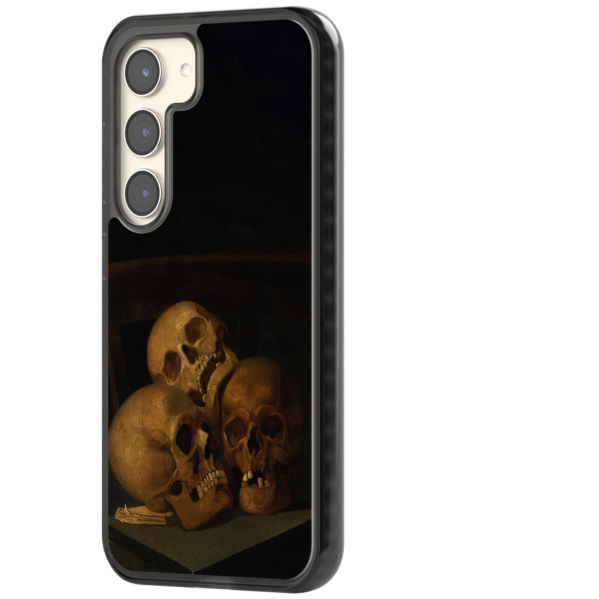 Still Life Of Three Skulls Samsung S22 / Samsung S22 Plus / Samsung S23 / Samsung S23 Plus / Samsung S24 / Samsung S24 Plus Impact Black Phone Case side
