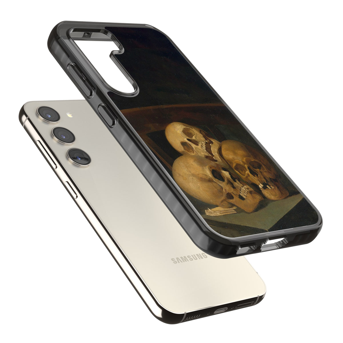 Still Life Of Three Skulls Samsung S22 / Samsung S22 Plus / Samsung S23 / Samsung S23 Plus / Samsung S24 / Samsung S24 Plus Impact Black Phone Case angled