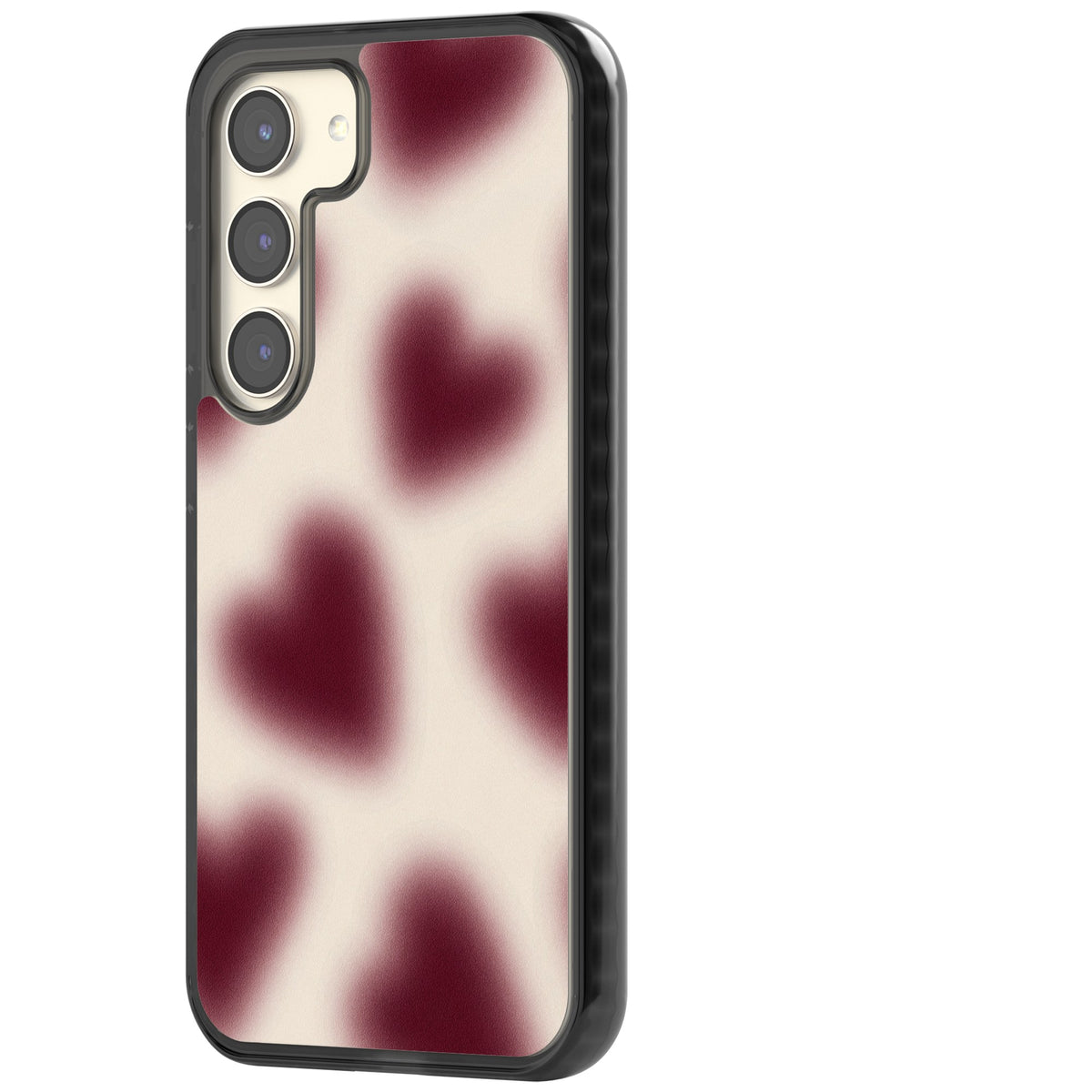 Velvet Hearts coquette iPhone case featuring blurry burgundy aura hearts on a soft cream background Samsung S22 / Samsung S22 Plus / Samsung S23 / Samsung S23 Plus / Samsung S24 / Samsung S24 Plus Impact Black Phone Case side