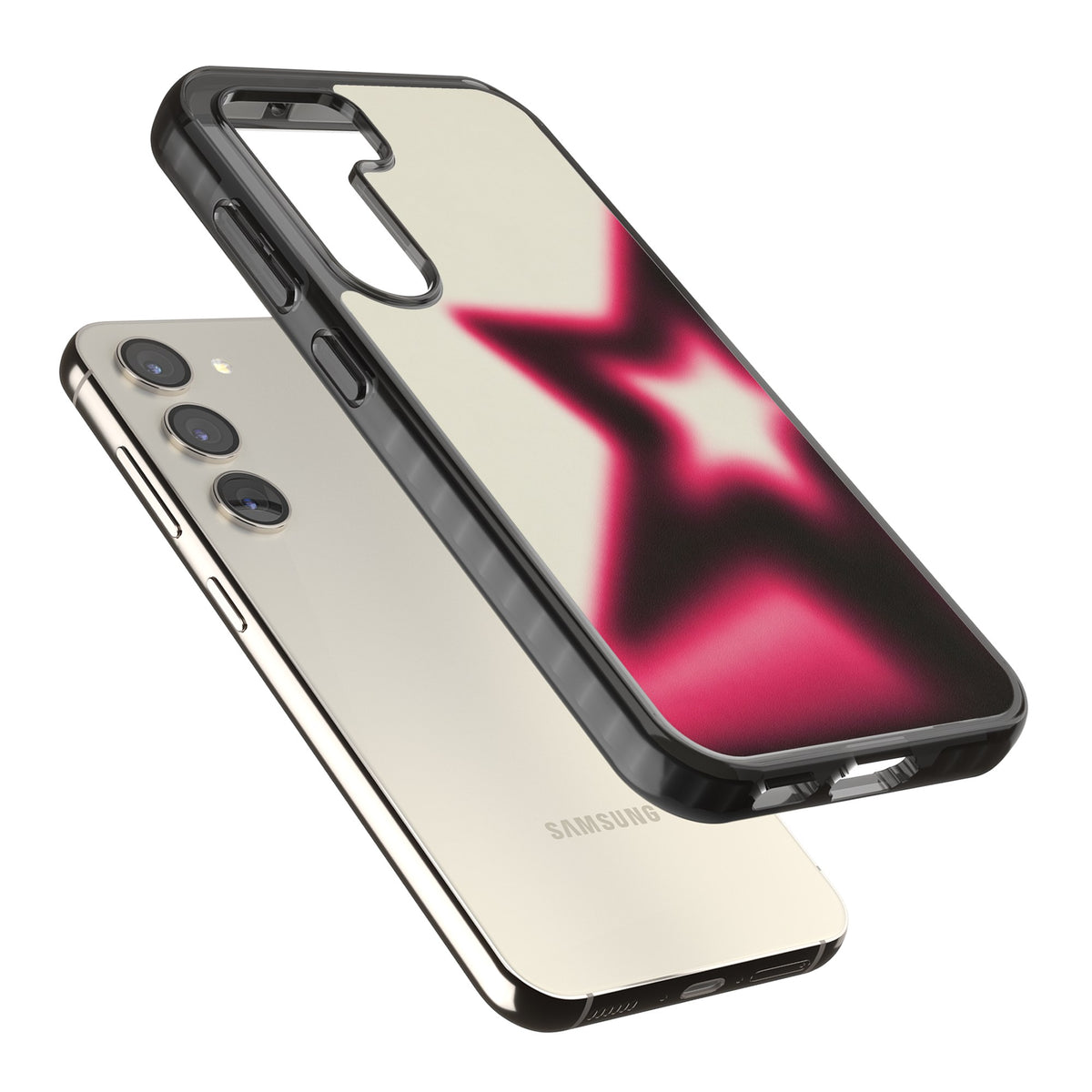 Rouge Y2K iPhone case featuring a blurred aura star in hot pink and black on a soft cream background Samsung S22 / Samsung S22 Plus / Samsung S23 / Samsung S23 Plus / Samsung S24 / Samsung S24 Plus Impact Black Phone Case angled