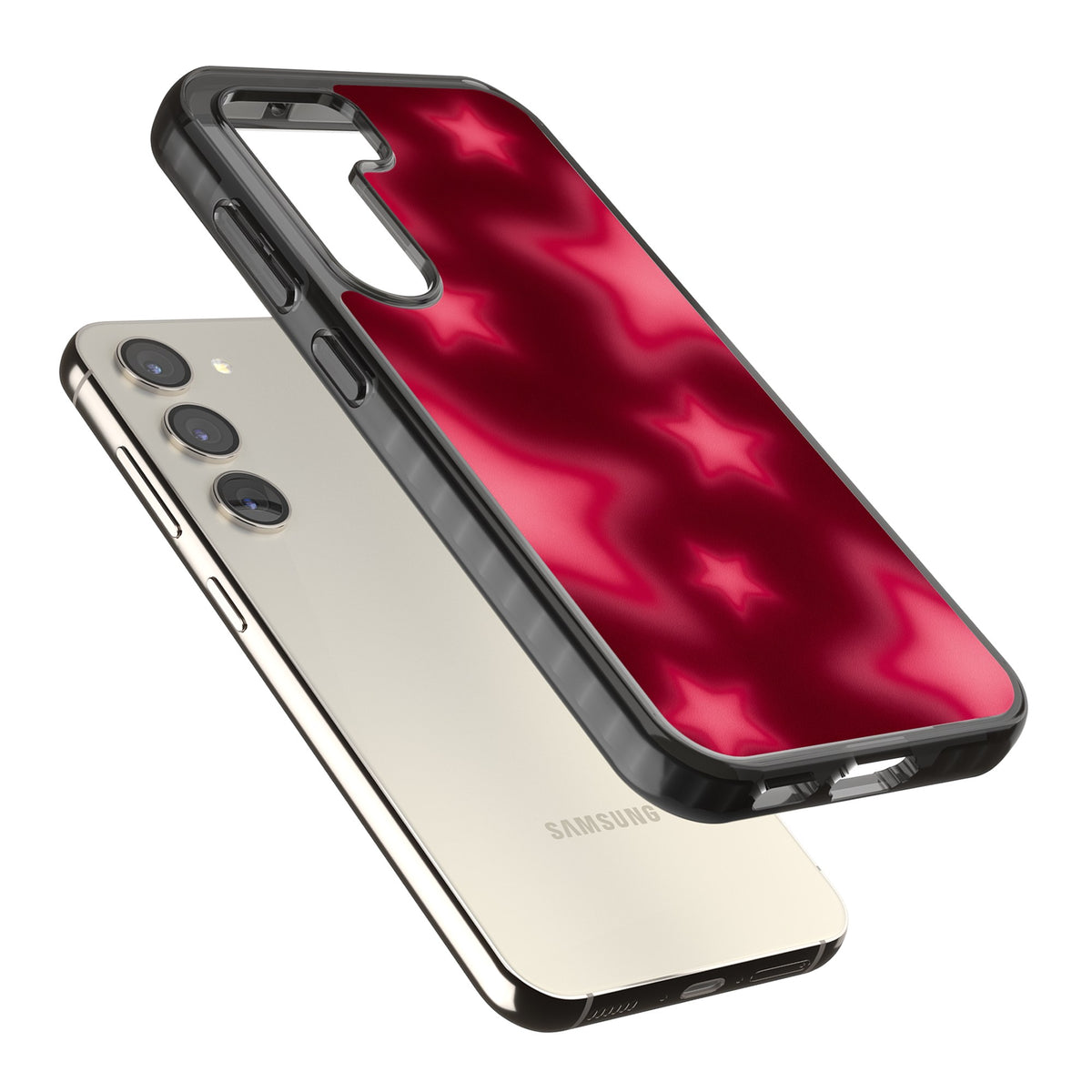 Afterglow Y2K iPhone case featuring blurred red aura stars, a dark crimson gradient and soft glowing haze Samsung S22 / Samsung S22 Plus / Samsung S23 / Samsung S23 Plus / Samsung S24 / Samsung S24 Plus Impact Black Phone Case angled