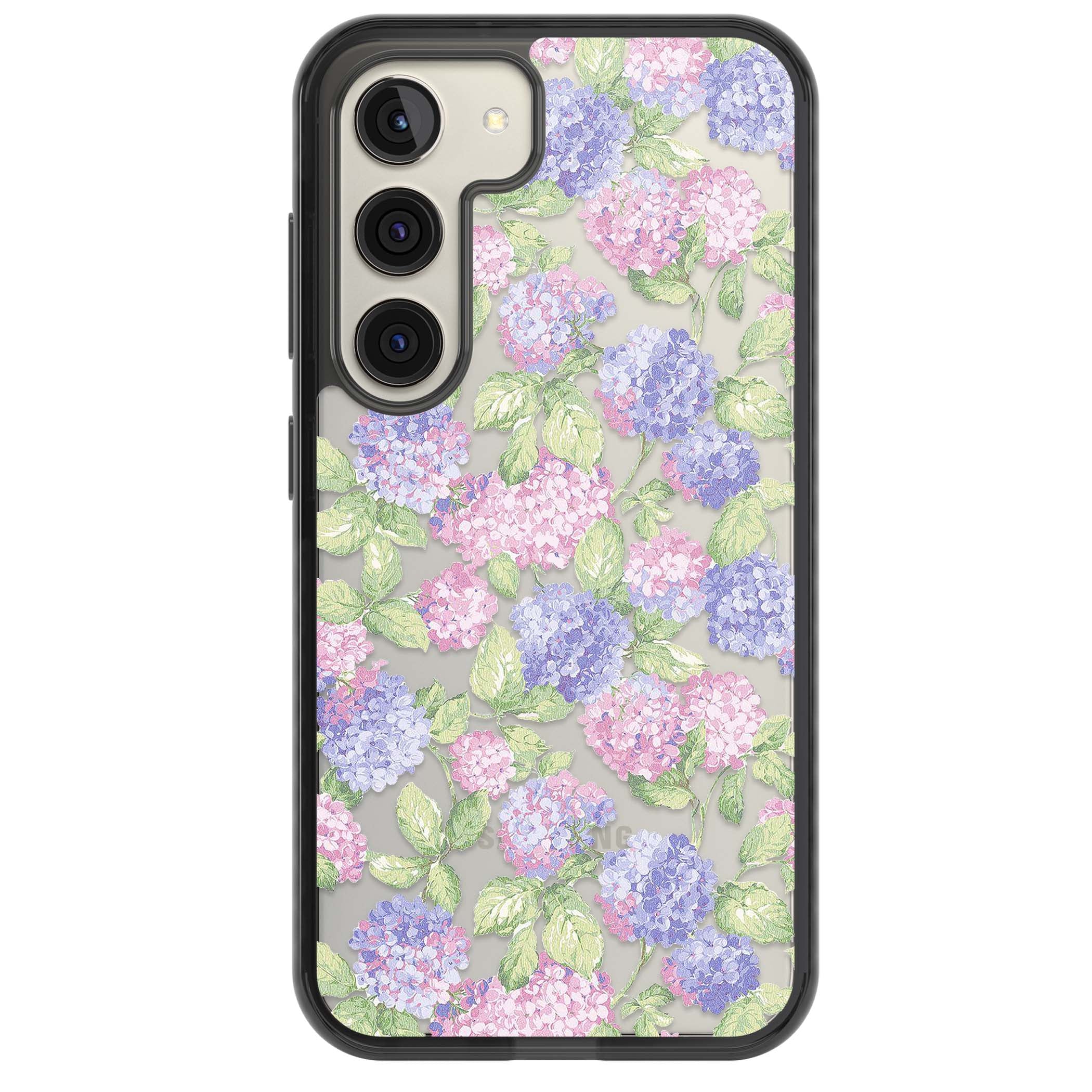Cottage Hydrangea cottagecore iPhone case featuring pink and purple hydrangea blooms with green leaves on a clear background | Black Impact case for Samsung Galaxy S24, Samsung Galaxy S23, Samsung Galaxy S22