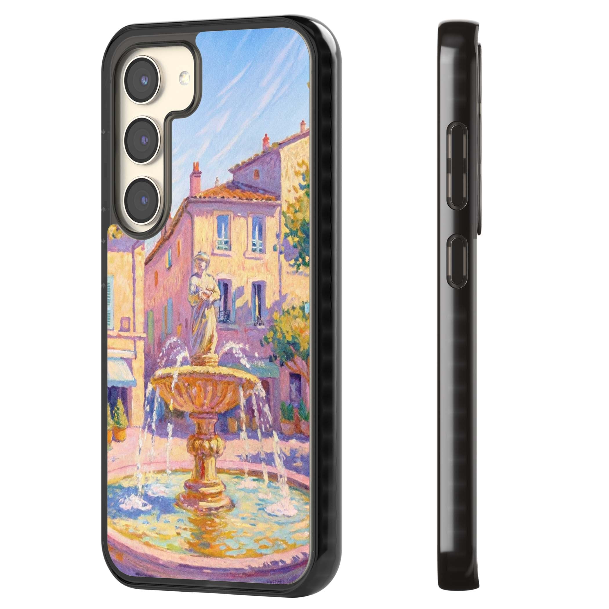 Fountain Square fine art iPhone case featuring an impressionist Provençal fountain, pastel village buildings and summe | Black Impact case for Samsung Galaxy S24, Samsung Galaxy S23, Samsung Galaxy S22