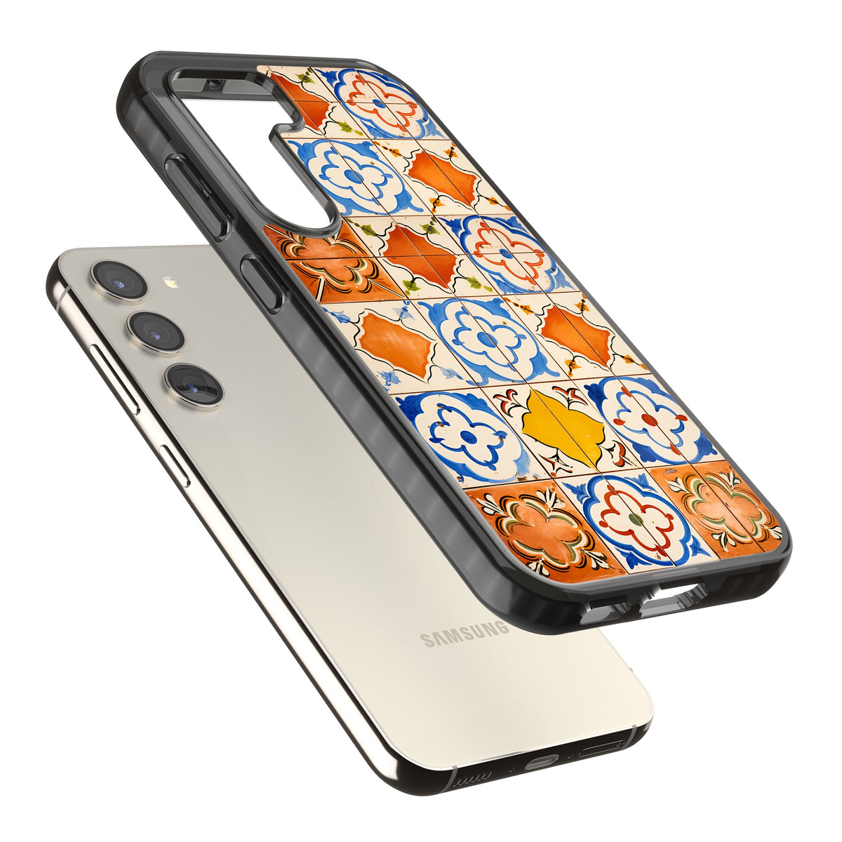 Spanish Mosaic Samsung S22 / Samsung S22 Plus / Samsung S23 / Samsung S23 Plus / Samsung S24 / Samsung S24 Plus Impact Black Phone Case angled