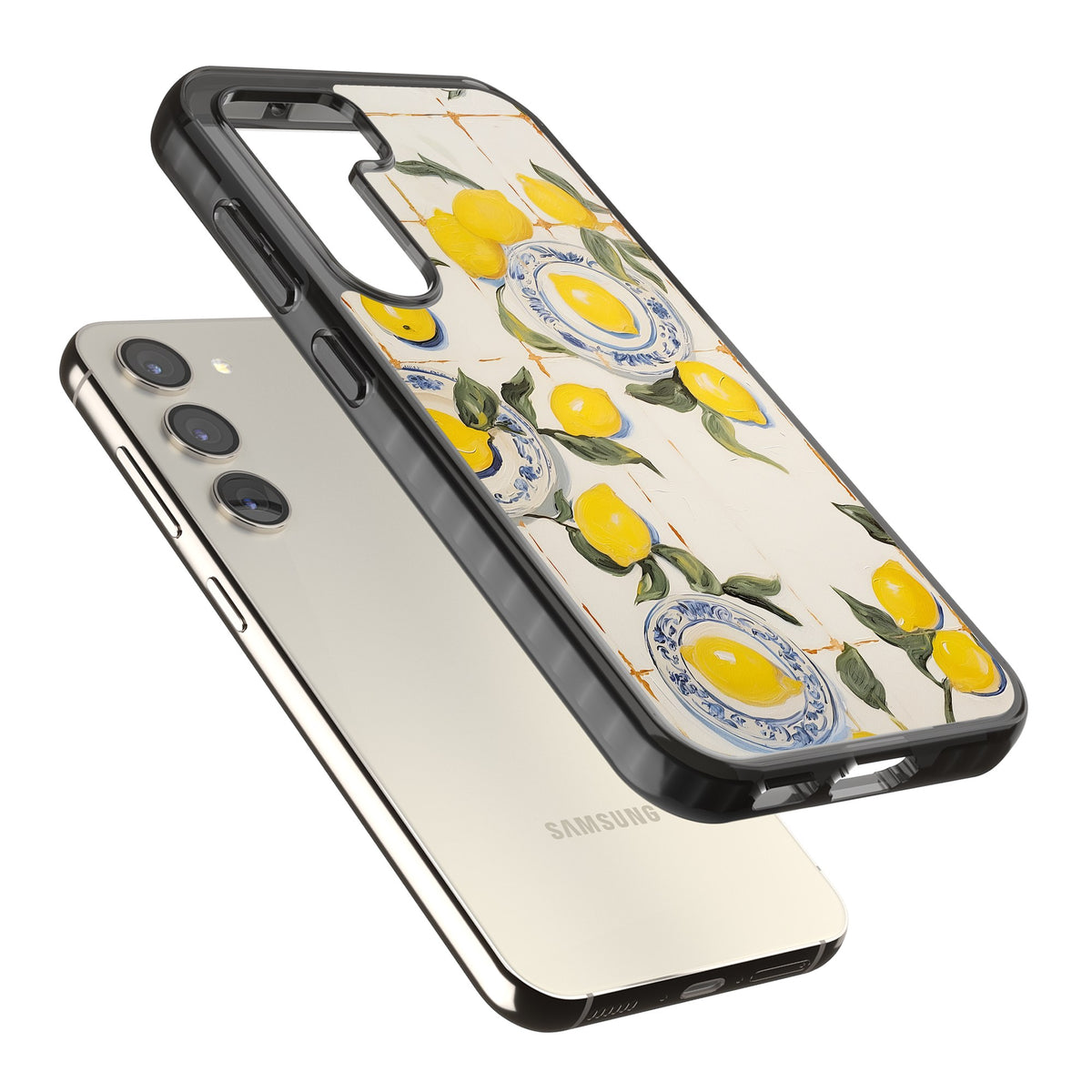 Lemons & Porcelain Samsung S22 / Samsung S22 Plus / Samsung S23 / Samsung S23 Plus / Samsung S24 / Samsung S24 Plus Impact Black Phone Case angled