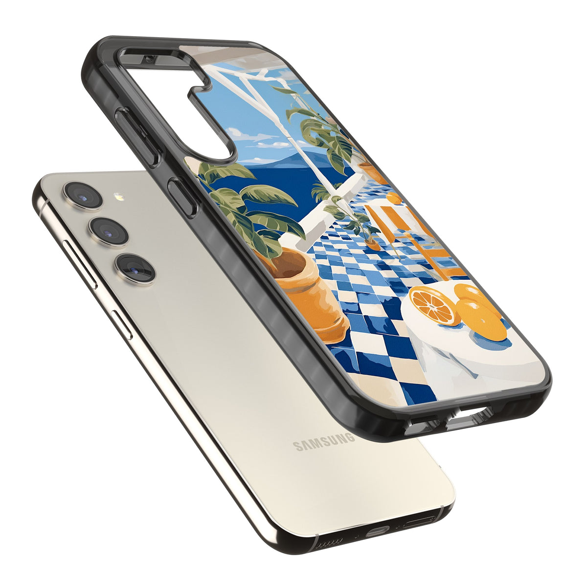 Greek Balcony Samsung S22 / Samsung S22 Plus / Samsung S23 / Samsung S23 Plus / Samsung S24 / Samsung S24 Plus Impact Black Phone Case angled