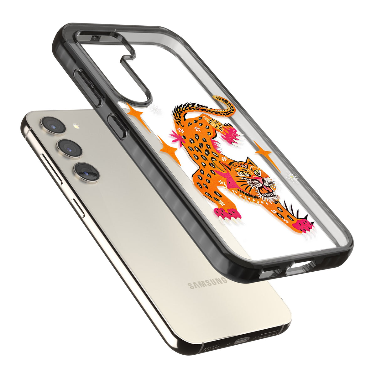 Fierce Jaguar Clear Samsung S22 / Samsung S22 Plus / Samsung S23 / Samsung S23 Plus / Samsung S24 / Samsung S24 Plus Impact Black Phone Case angled