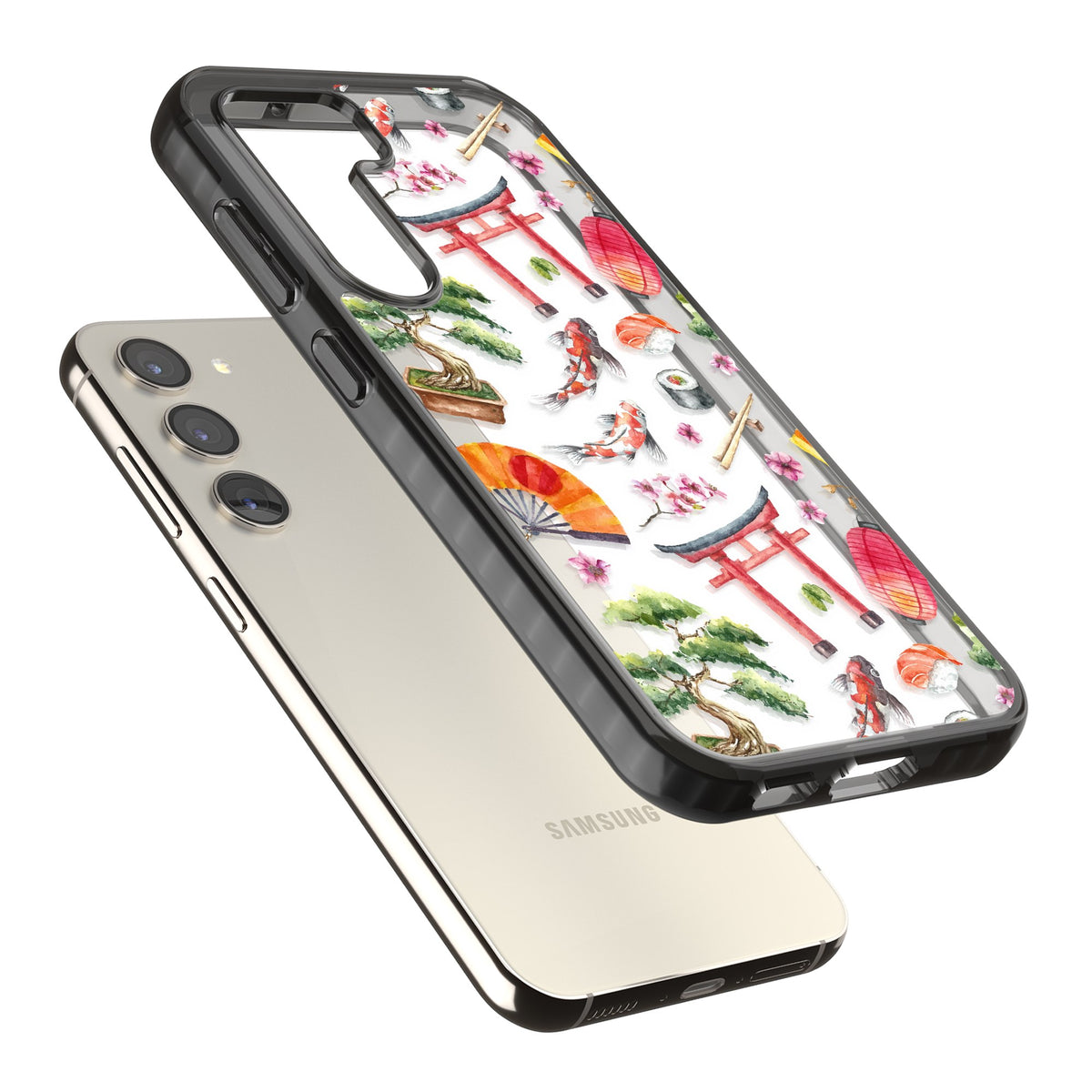 Japanese Watercolor Samsung S22 / Samsung S22 Plus / Samsung S23 / Samsung S23 Plus / Samsung S24 / Samsung S24 Plus Impact Black Phone Case angled