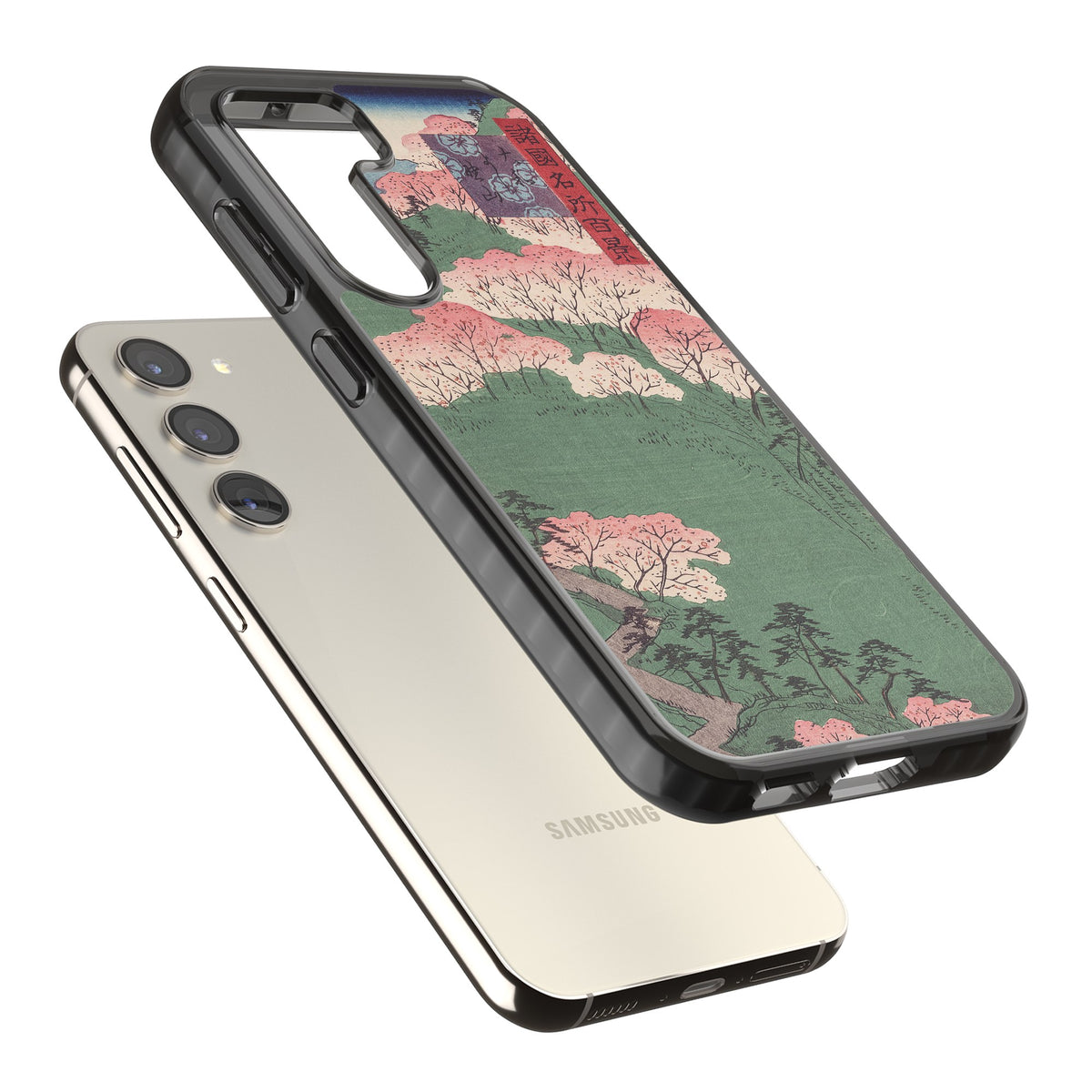 Japanese Cherry Blossom Forest Samsung S22 / Samsung S22 Plus / Samsung S23 / Samsung S23 Plus / Samsung S24 / Samsung S24 Plus Impact Black Phone Case angled