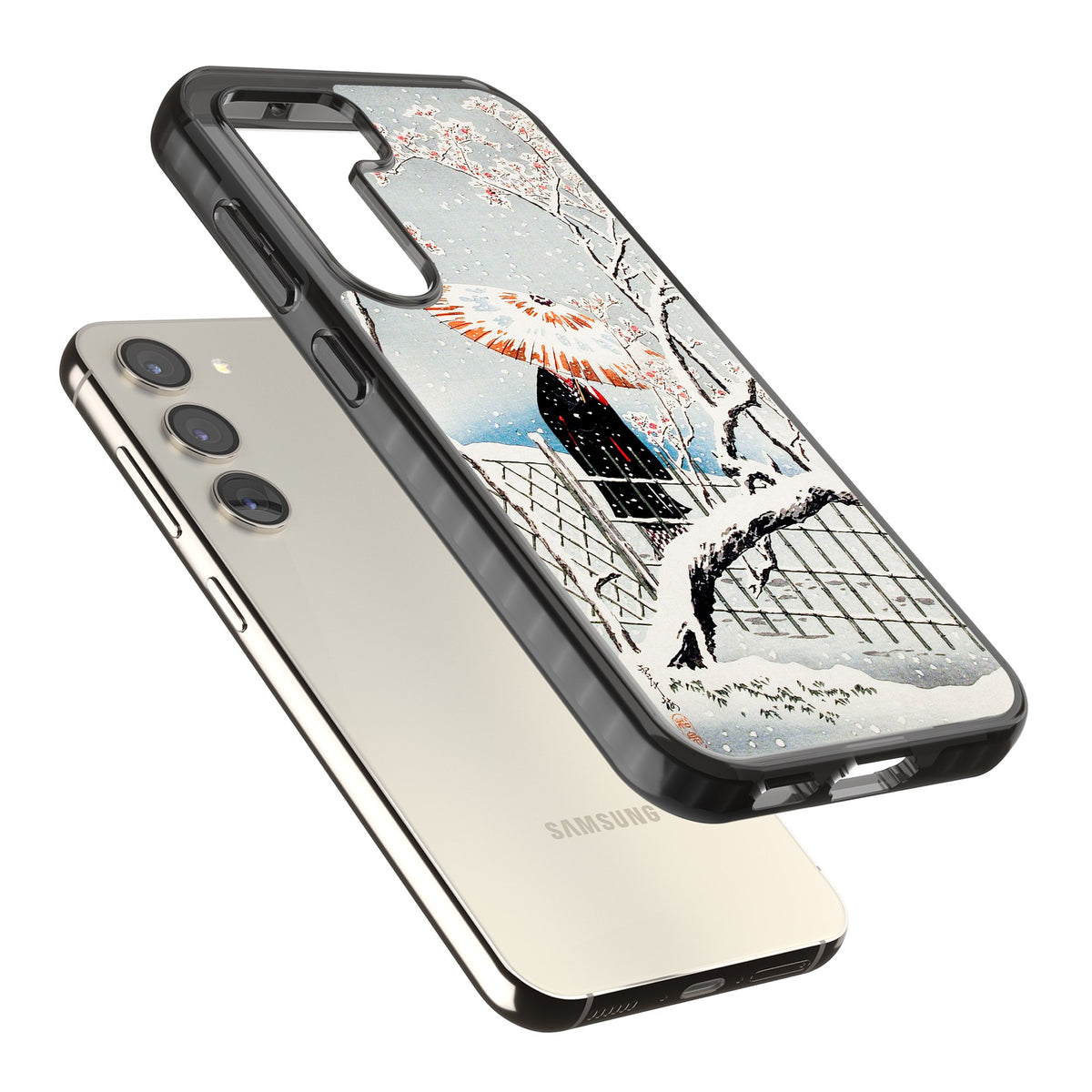 Plum Tree In Snow By Hiroaki Takahashi Samsung S22 / Samsung S22 Plus / Samsung S23 / Samsung S23 Plus / Samsung S24 / Samsung S24 Plus Impact Black Phone Case angled