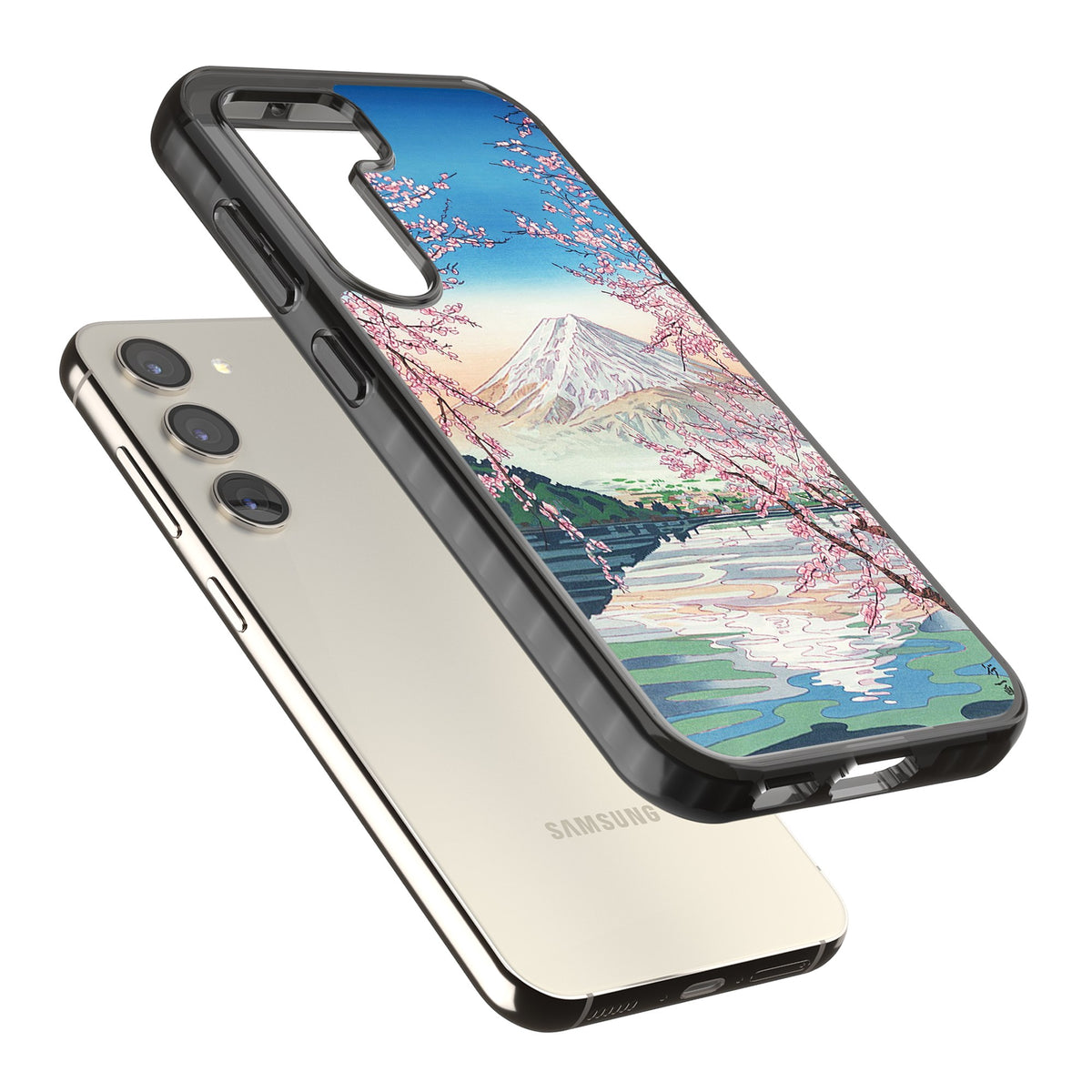 Mt Fuji From Lake Kawaguchi Samsung S22 / Samsung S22 Plus / Samsung S23 / Samsung S23 Plus / Samsung S24 / Samsung S24 Plus Impact Black Phone Case angled