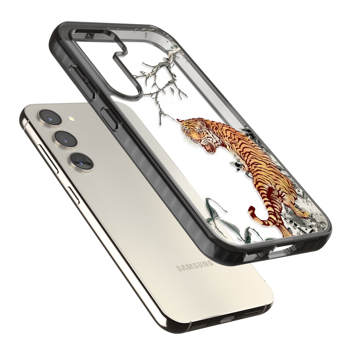 Roaring Tiger Samsung S22 / Samsung S22 Plus / Samsung S23 / Samsung S23 Plus / Samsung S24 / Samsung S24 Plus Impact Black Phone Case angled