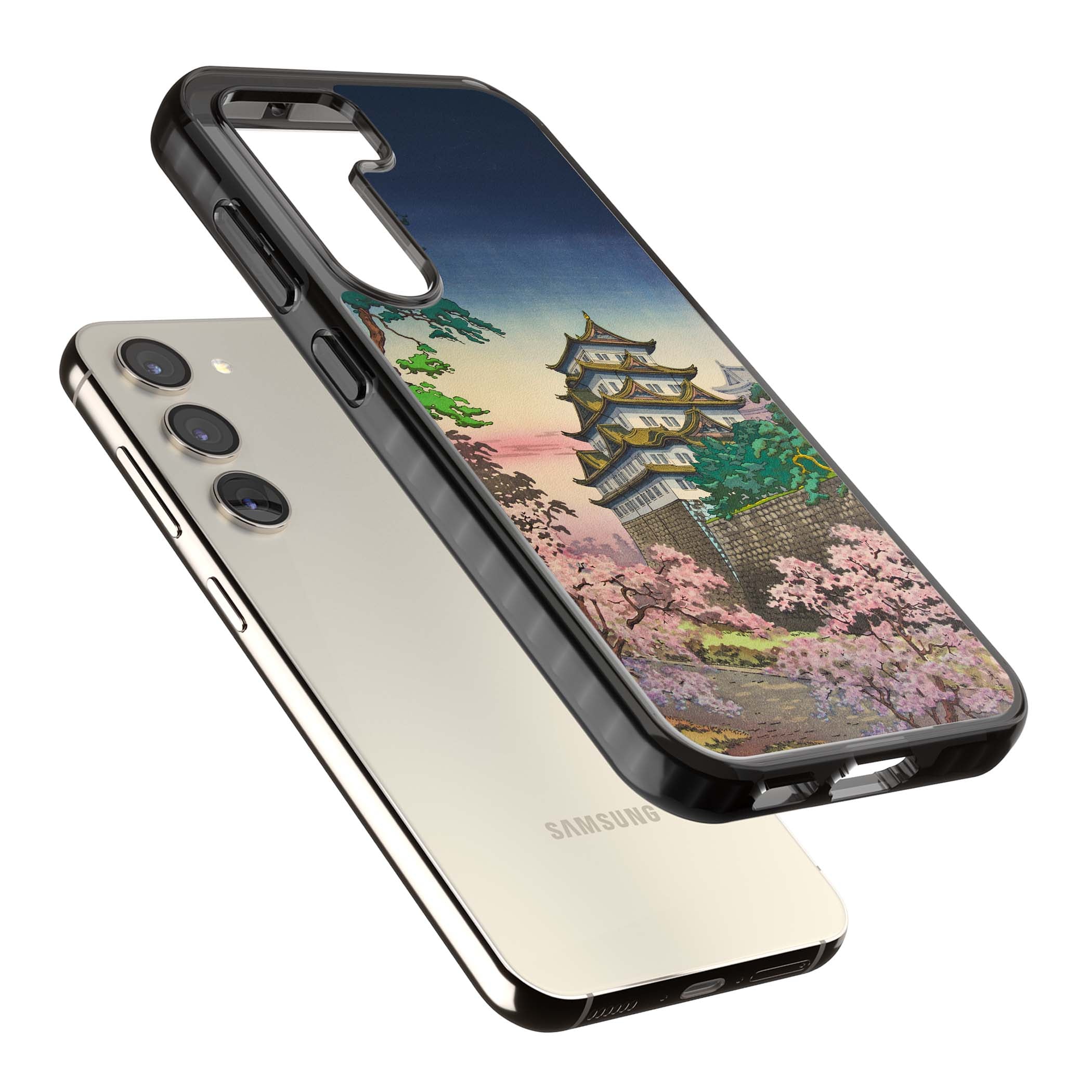 Nagoya Castle Japanese iPhone case featuring a vintage pagoda, twilight sky and cherry blossom trees | Black Impact case for Samsung Galaxy S24, Samsung Galaxy S23, Samsung Galaxy S22