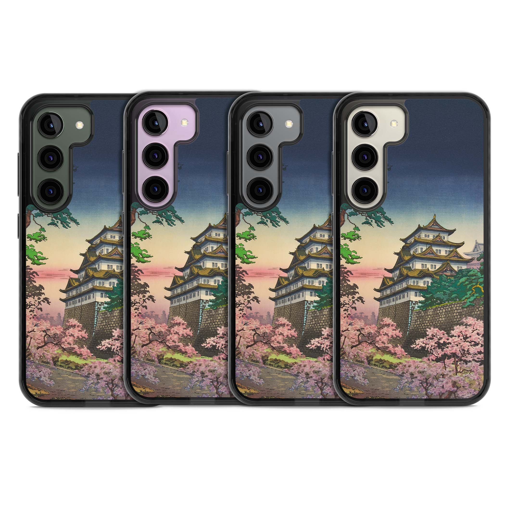 Nagoya Castle Japanese iPhone case featuring a vintage pagoda, twilight sky and cherry blossom trees | Black Impact case for Samsung Galaxy S24, Samsung Galaxy S23, Samsung Galaxy S22
