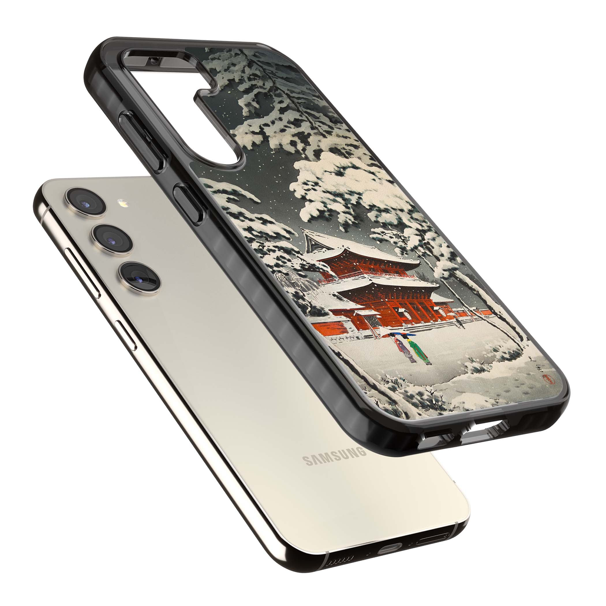 Snow at Shiha Park, Tokyo Japanese art iPhone case featuring a vintage ukiyo-e snowy temple, red pagoda, and snow-covered pin | Black Impact case for Samsung Galaxy S24, Samsung Galaxy S23, Samsung Galaxy S22