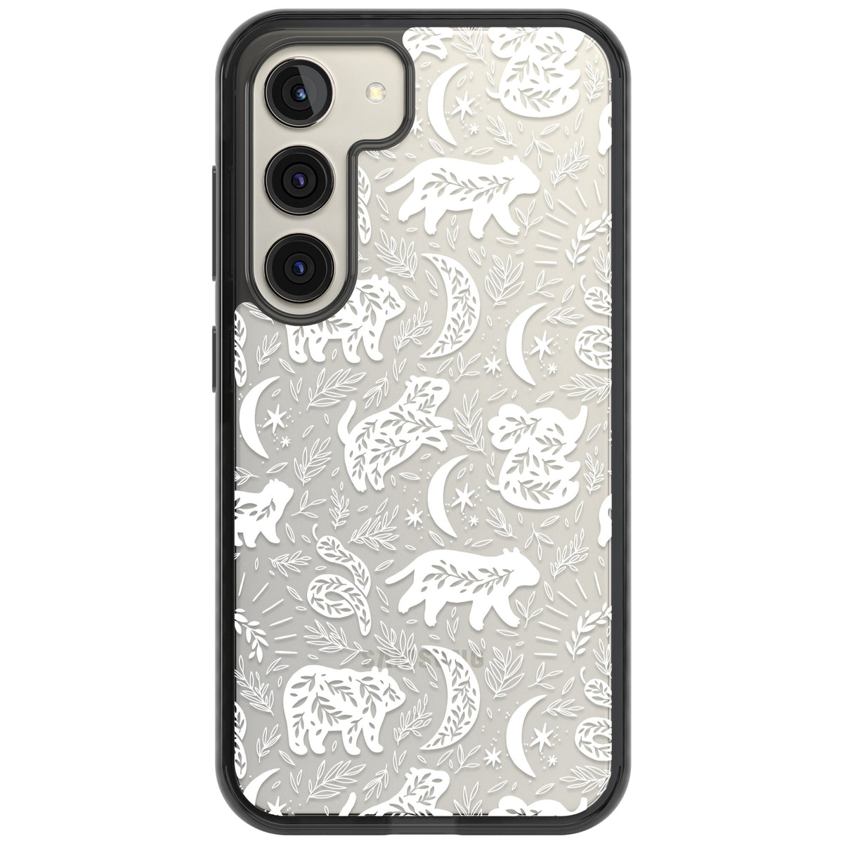 Forest Animal Silhouettes: White/Clear Samsung S22 / Samsung S22 Plus / Samsung S23 / Samsung S23 Plus / Samsung S24 / Samsung S24 Plus Impact Black Phone Case front