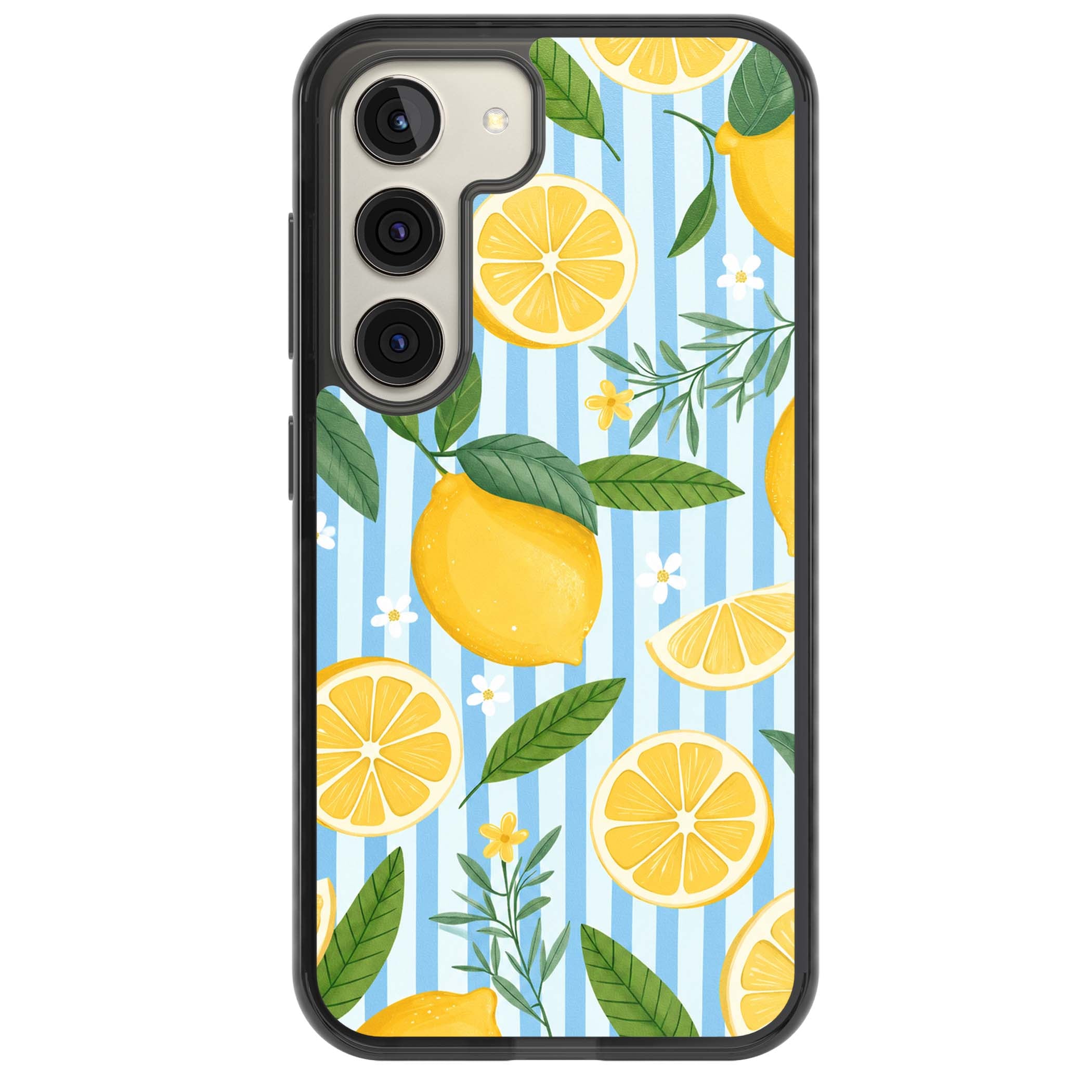 Capri Citrus Stripe coastal iPhone case featuring yellow lemons, blue stripes, and white daisy blossoms | Black Impact case for Samsung Galaxy S24, Samsung Galaxy S23, Samsung Galaxy S22