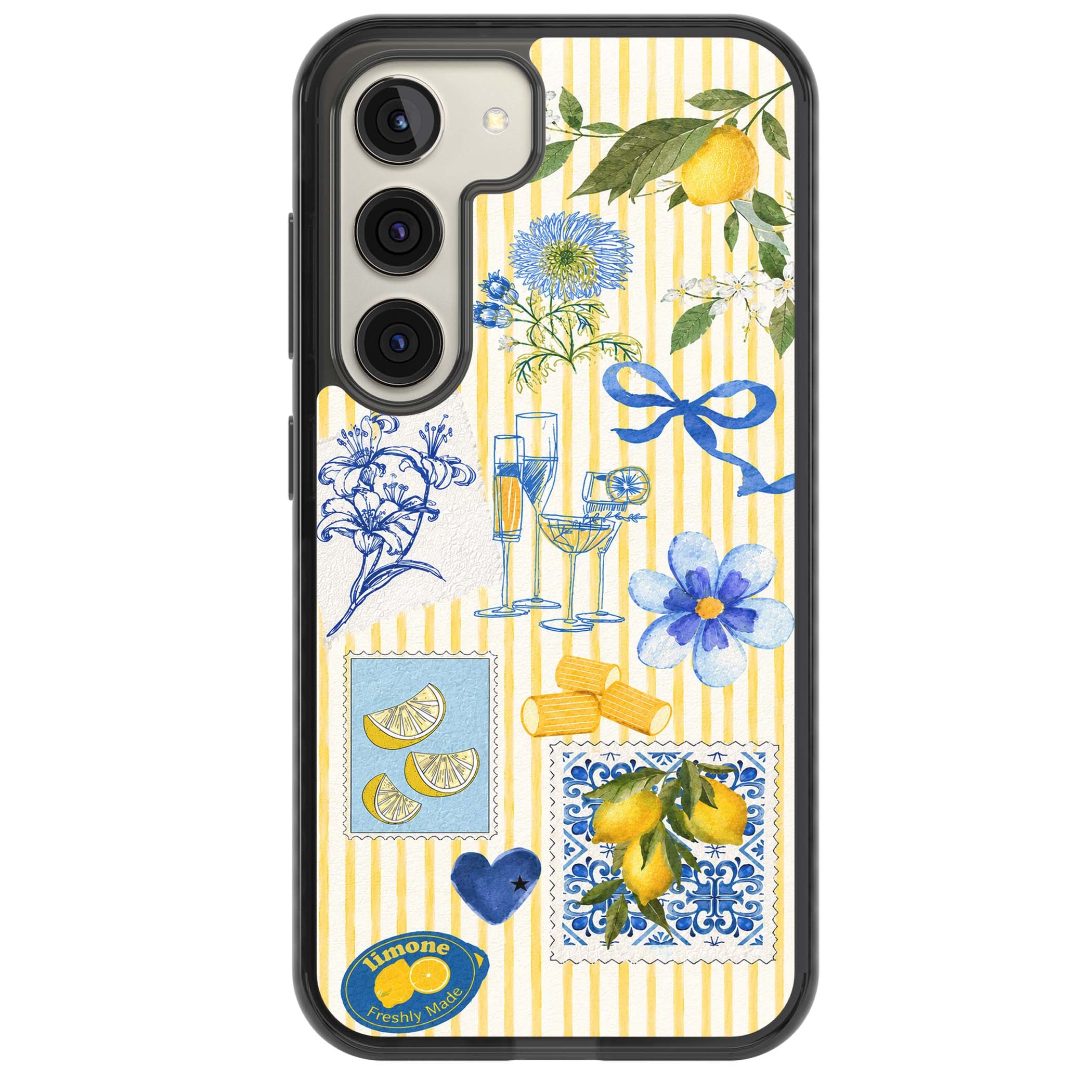 Limone Riviera Italian summer iPhone case featuring watercolour lemons, blue ribbon bows and majolica tile stamps on... | Black Impact case for Samsung Galaxy S24, Samsung Galaxy S23, Samsung Galaxy S22