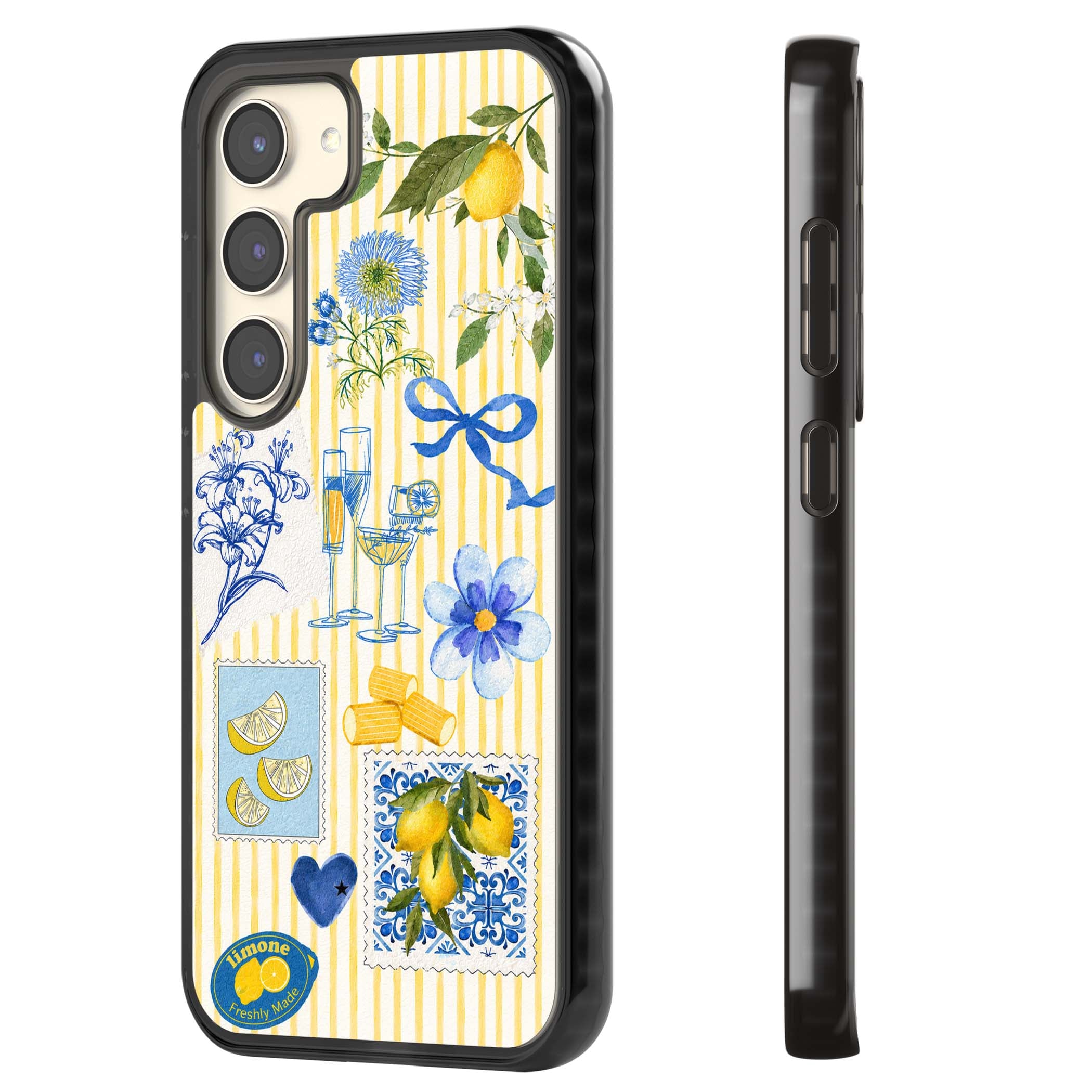 Limone Riviera Italian summer iPhone case featuring watercolour lemons, blue ribbon bows and majolica tile stamps on... | Black Impact case for Samsung Galaxy S24, Samsung Galaxy S23, Samsung Galaxy S22