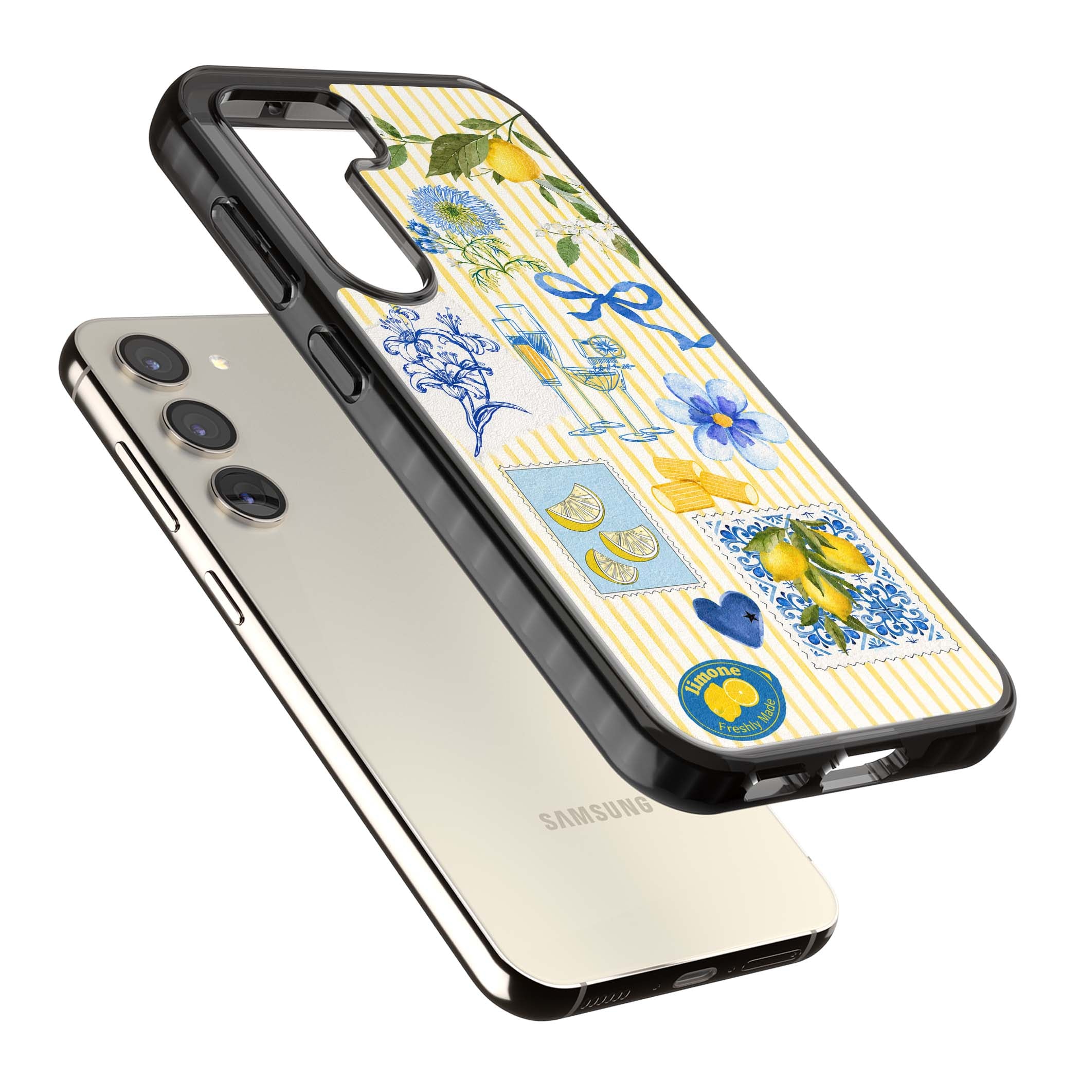 Limone Riviera Italian summer iPhone case featuring watercolour lemons, blue ribbon bows and majolica tile stamps on... | Black Impact case for Samsung Galaxy S24, Samsung Galaxy S23, Samsung Galaxy S22