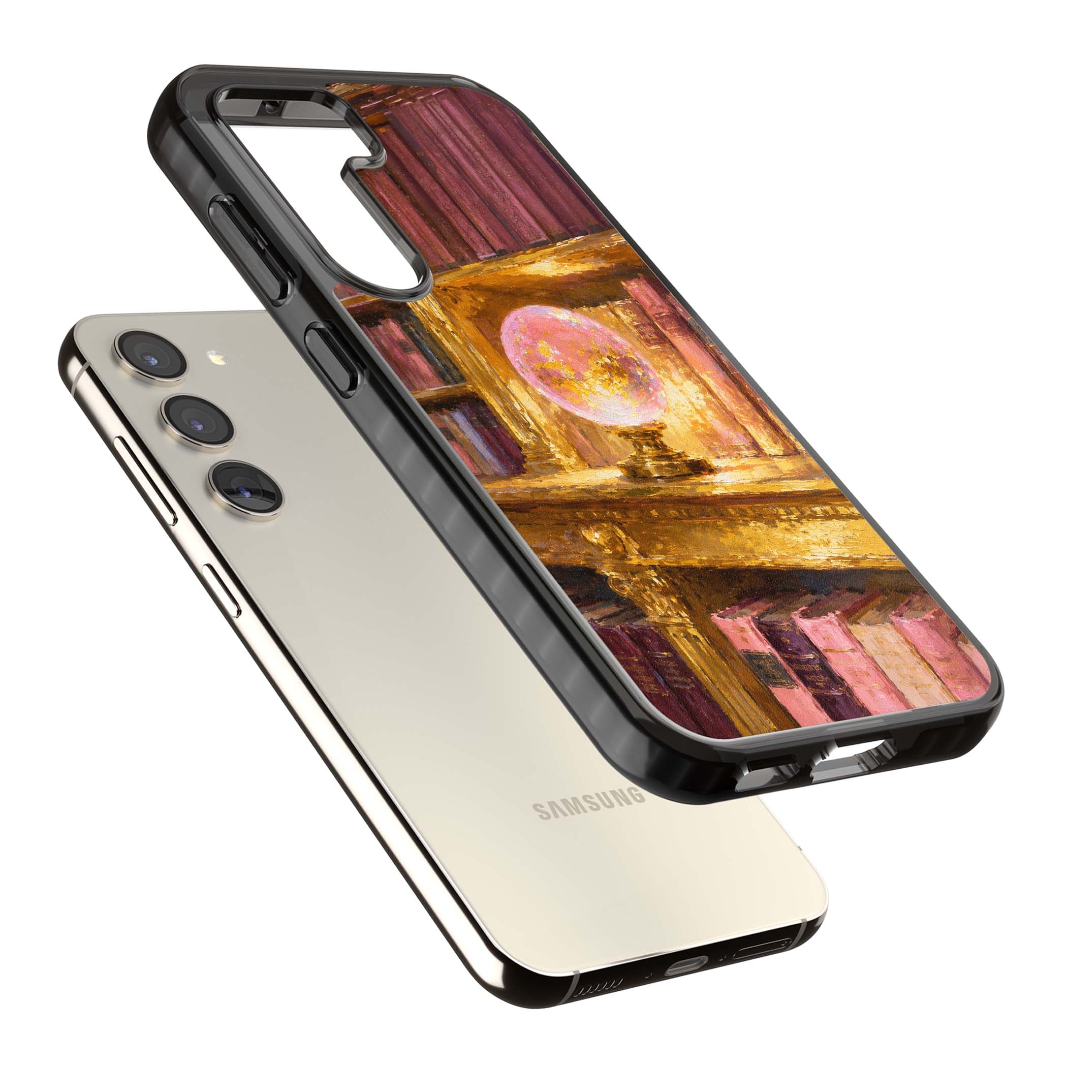 Gilded Library dark academia iPhone case featuring an oil painted crystal ball on a gilded library shelf with vintage | Black Impact case for Samsung Galaxy S24, Samsung Galaxy S23, Samsung Galaxy S22